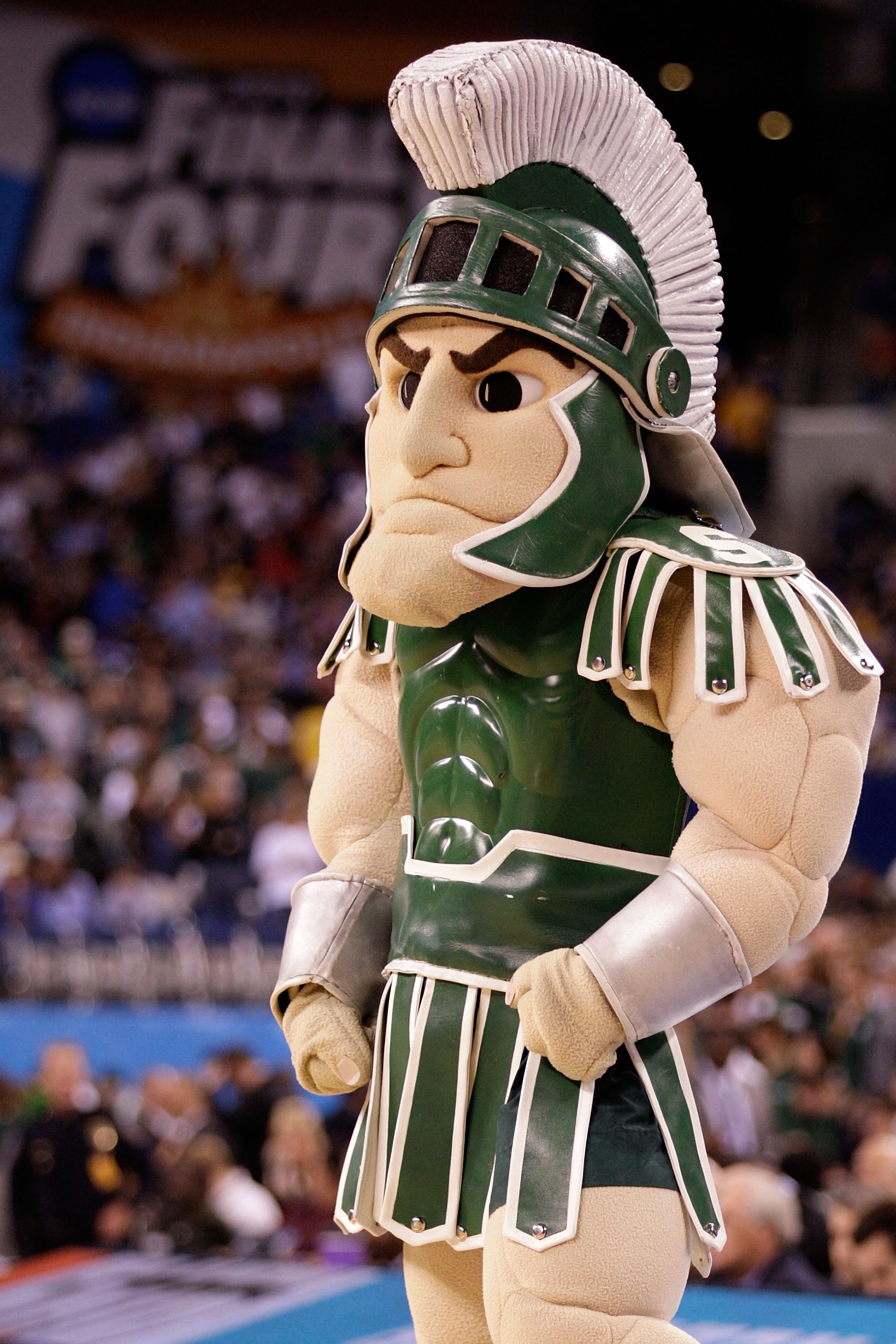 INDIANAPOLIS - APRIL 03:  Sparty, the mascot of the Michigan State Spartans, performs on the court before the Spartans take on the Butler Bulldogs during the National Semifinal game of the 2010 NCAA Division I Men's Basketball Championship on April 3, 201