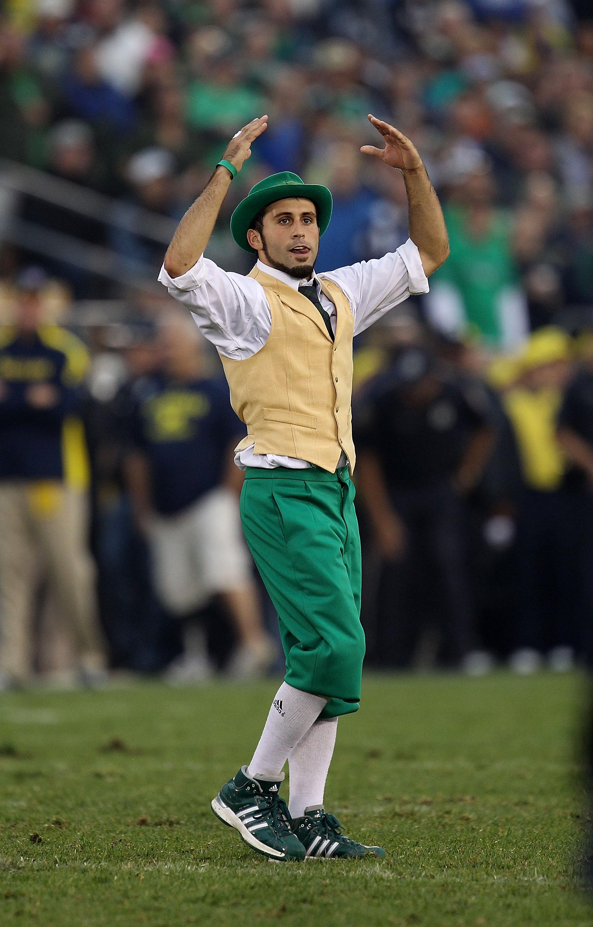 SOUTH BEND, IN - SEPTEMBER 11: The leprechaun mascot for the Notre Dame Fighting Irish performs during a game against the Michigan Wolverines at Notre Dame Stadium on September 11, 2010 in South Bend, Indiana. Michigan defeated Notre Dame 28-24. (Photo by