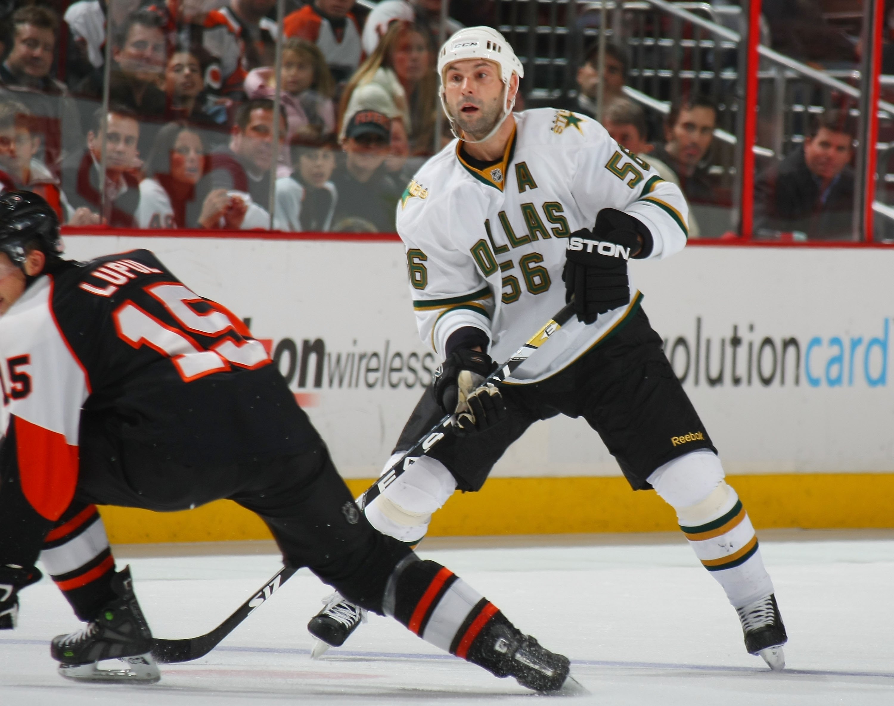 PHILADELPHIA - NOVEMBER 24: Sergei Zubov #56 of the Dallas Stars skates against the Phildelphia Flyers on November 24, 2008 at the Wachovia Center in Philadelphia, Pennsylvania. (Photo by Bruce Bennett/Getty Images)