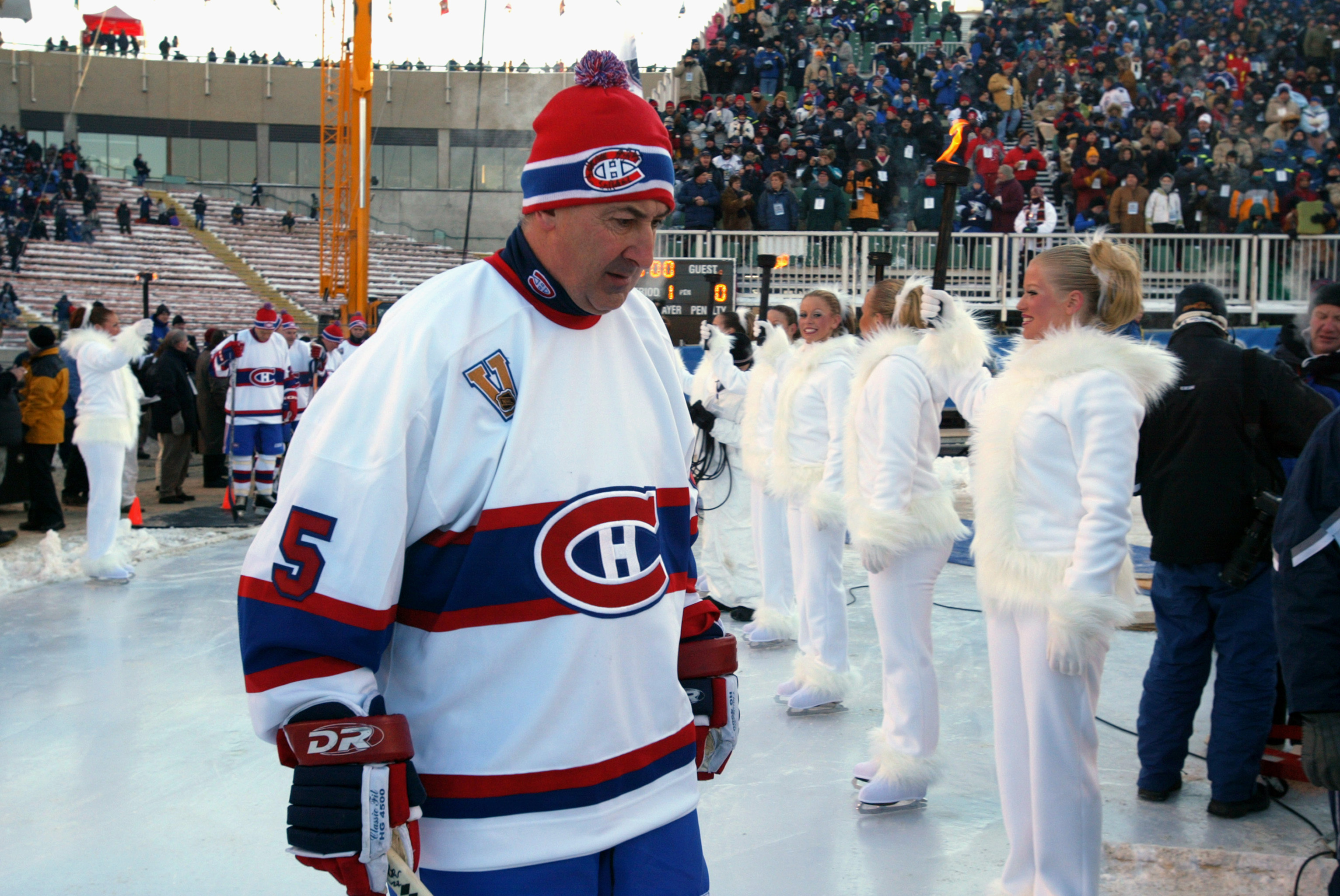 EDMONTON, CANADA - NOVEMBER 22:  Guy Lapointe #5 of the Montreal Canadiens skates onto the ice prior to taking on the Edmonton Oilers during the Molson Canadien Heritage Classic Megastars Game on November 22, 2003 at Commonwealth Stadium in Edmonton, Cana