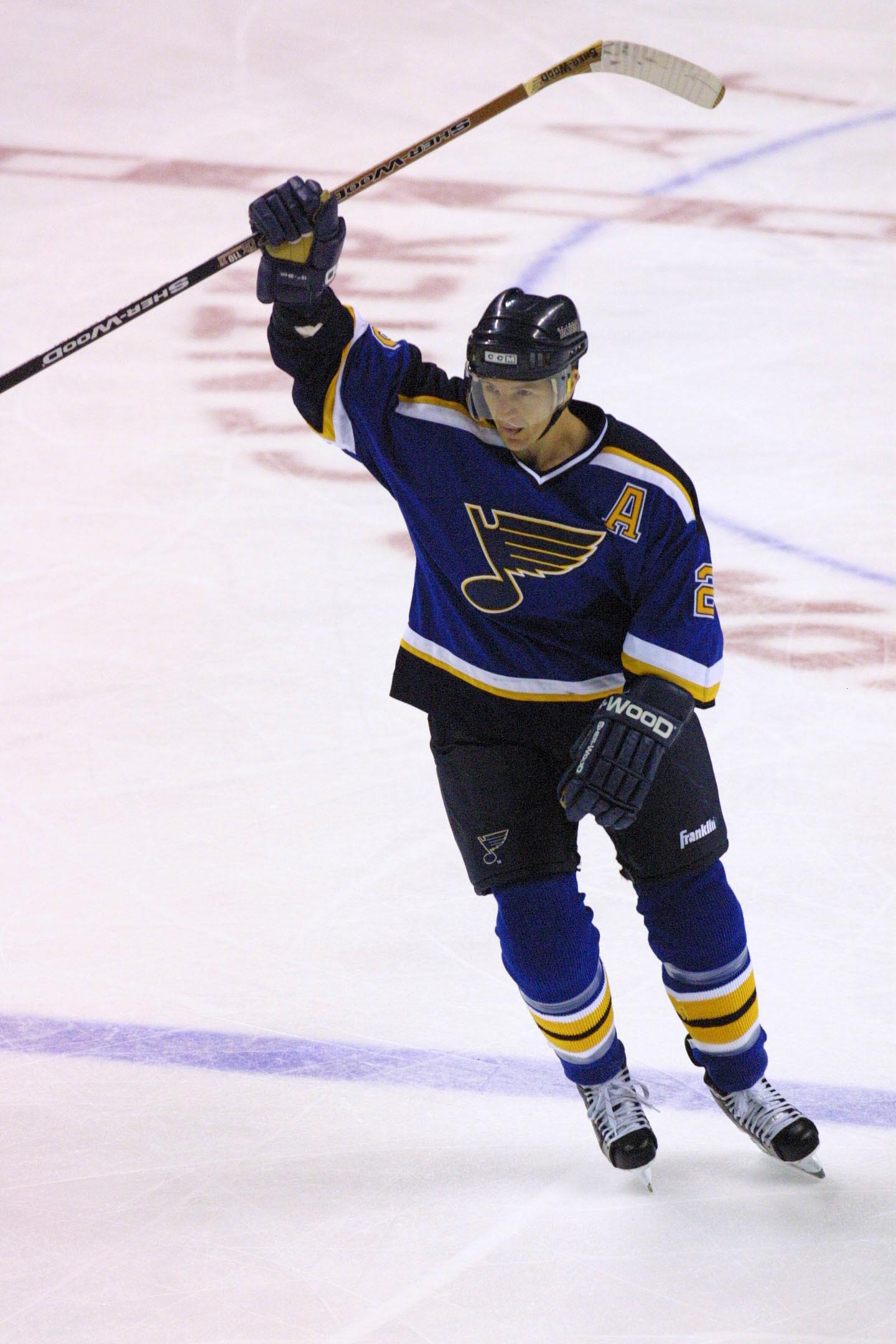 16 Apr 2001: Al MacInnis #2 of the  the St. Louis Blues celebrates a goal against  of the San Jose Sharks during game 3 of the Western Conference Playoff Quarterfinals at the Compaq Center in San Jose , California. DIGITAL IMAGE Mandatory Credit: Tom Hauc