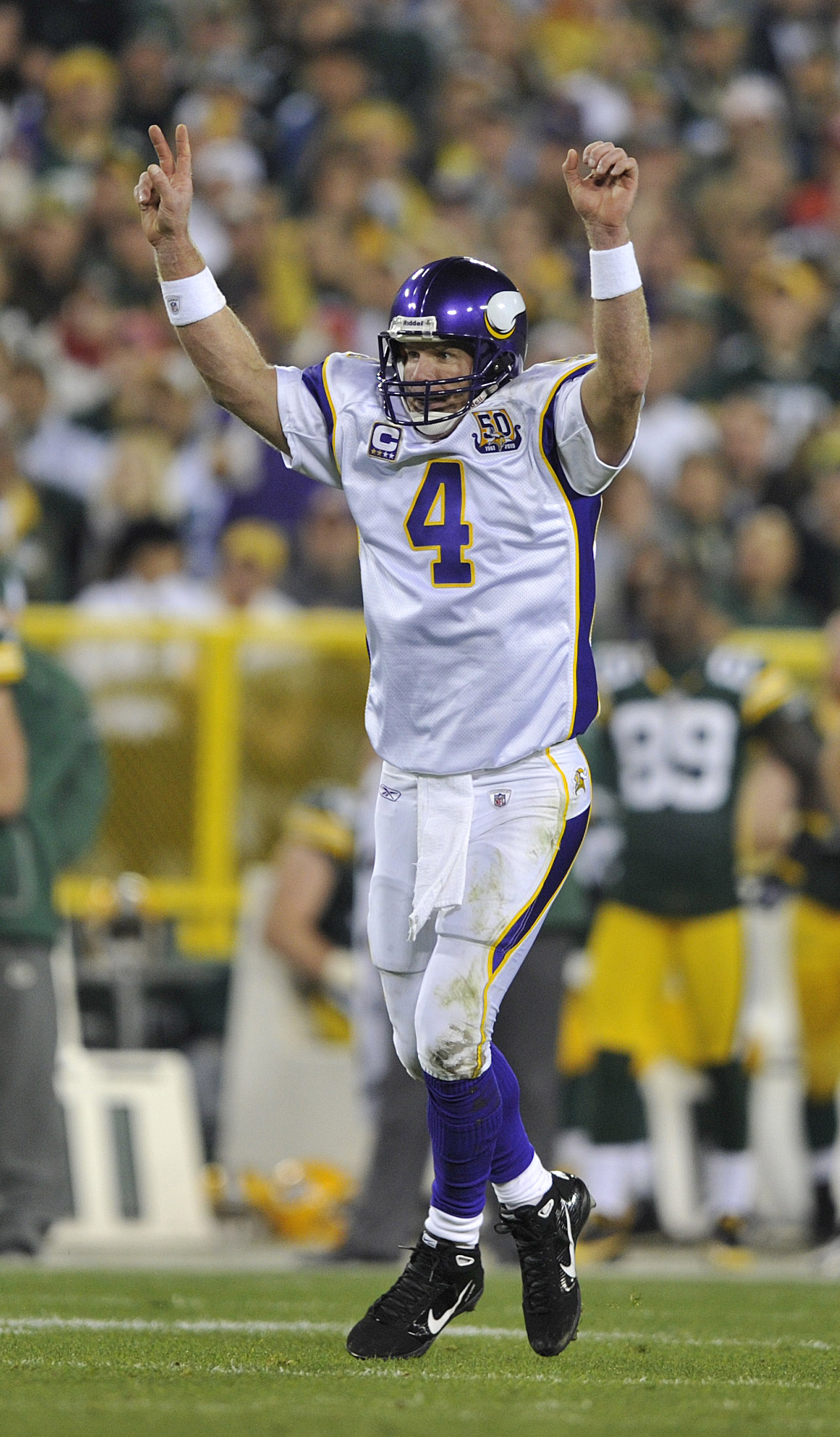 GREEN BAY, WI - OCTOBER 24:   Brett Favre #4 of the Minnesota Vikings celebrates a touchdown against the Green Bay Packers at Lambeau Field on October 24, 2010 in Green Bay, Wisconsin. (Photo by Jim Prisching/Getty Images)