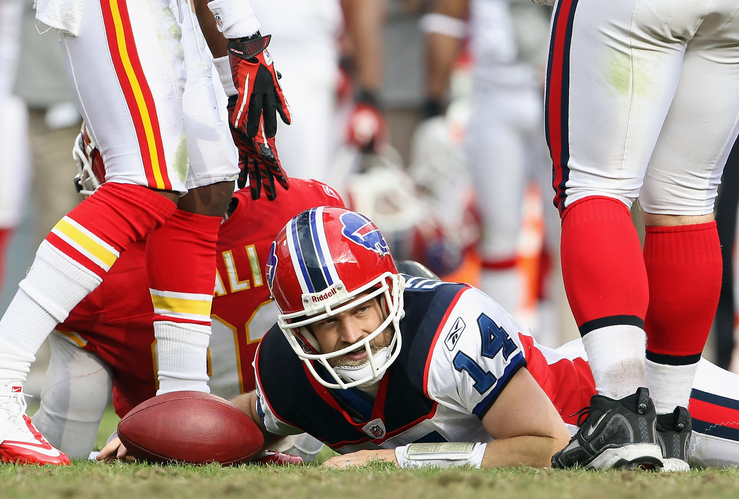 KANSAS CITY, MO - OCTOBER 31:  Quarterback Ryan Fitzpatrick #14 of the Buffalo Bills tries for a first down during the game against the Kansas City Chiefs on October 31, 2010  at Arrowhead Stadium in Kansas City, Missouri.  (Photo by Jamie Squire/Getty Im