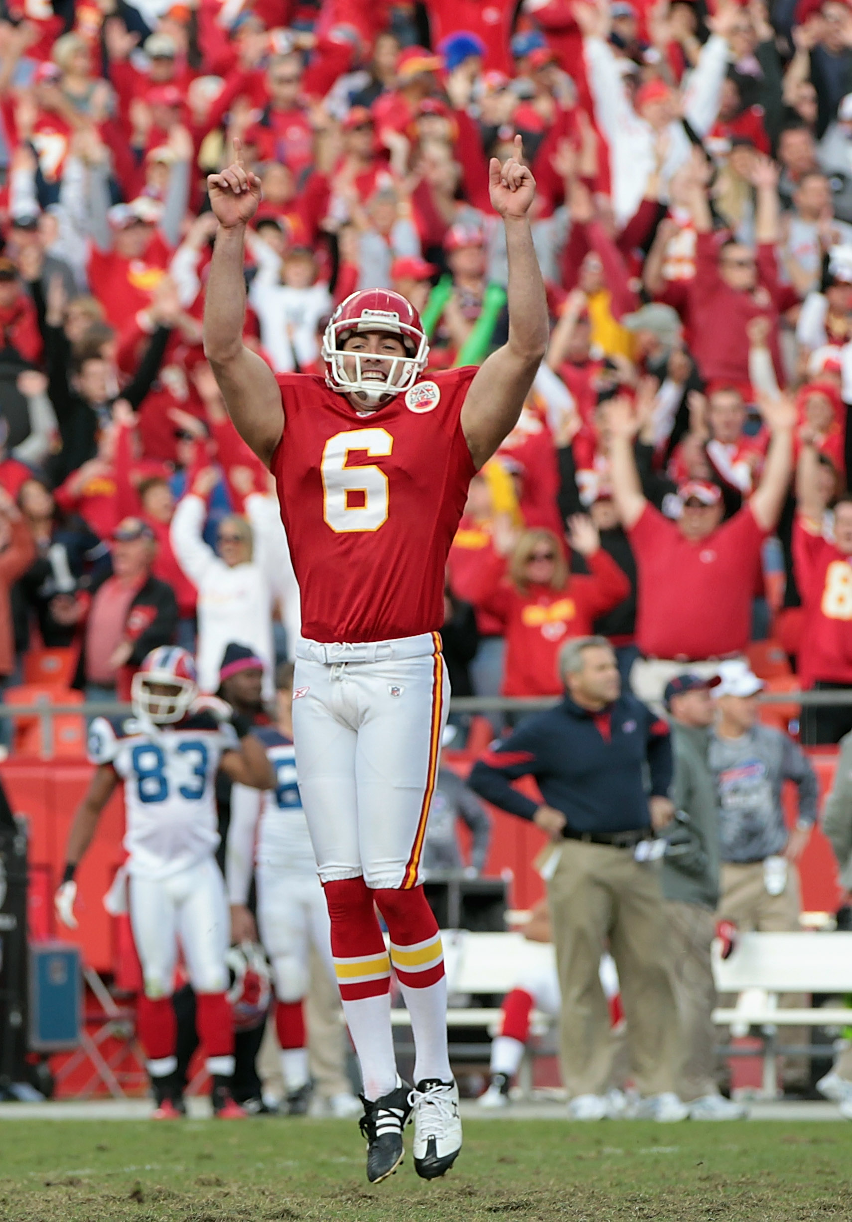 KANSAS CITY, MO - OCTOBER 31:  Kicker Ryan Succop #6 of the Kansas City Chiefs celebrates after making a filed goal in overtime to win the game against the Buffalo Bills on October 31, 2010  at Arrowhead Stadium in Kansas City, Missouri.  (Photo by Jamie 