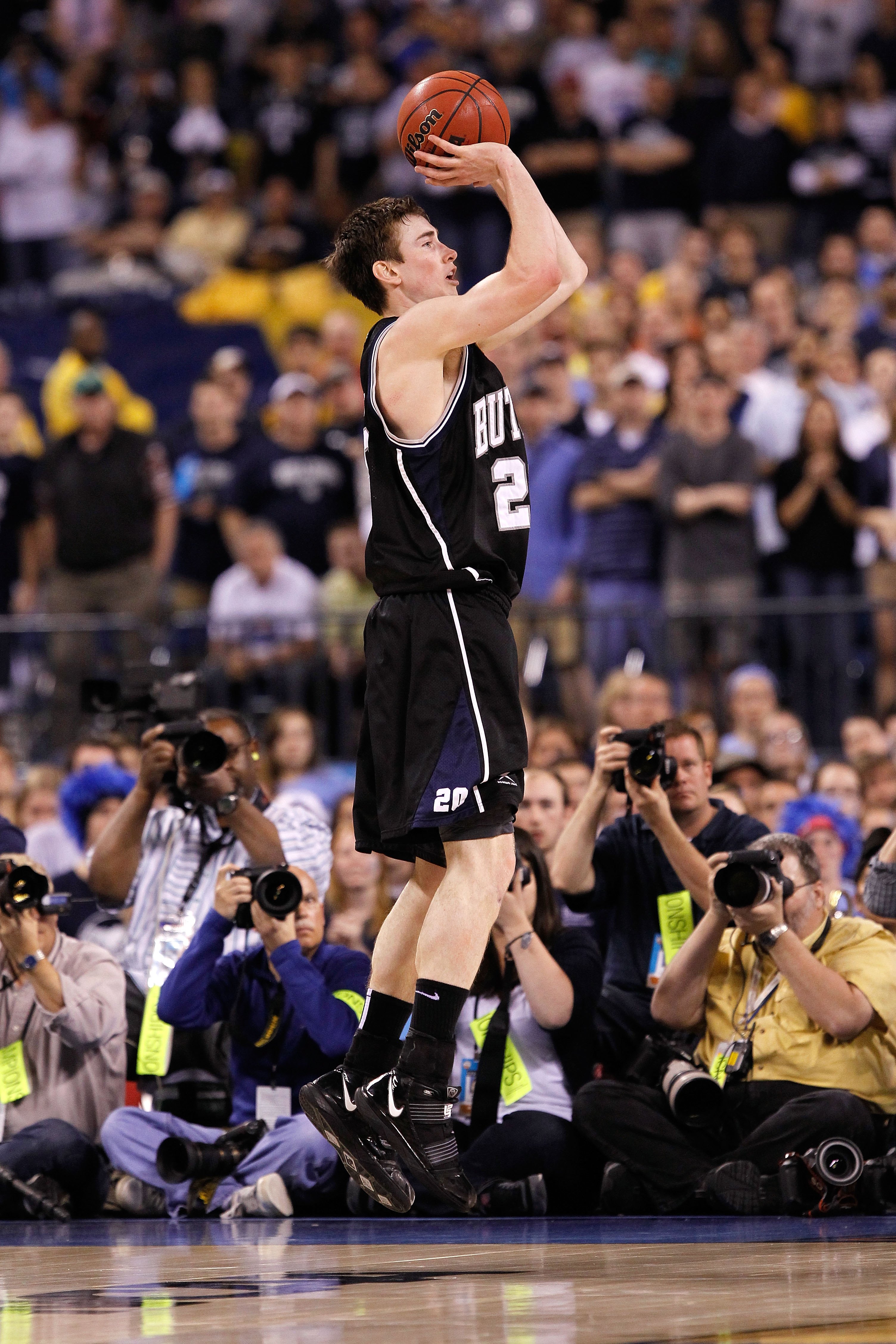 INDIANAPOLIS - APRIL 05:  Gordon Hayward #20 of the Butler Bulldogs attempts a shot in the second half  against the Duke Blue Devils during the 2010 NCAA Division I Men's Basketball National Championship game at Lucas Oil Stadium on April 5, 2010 in India