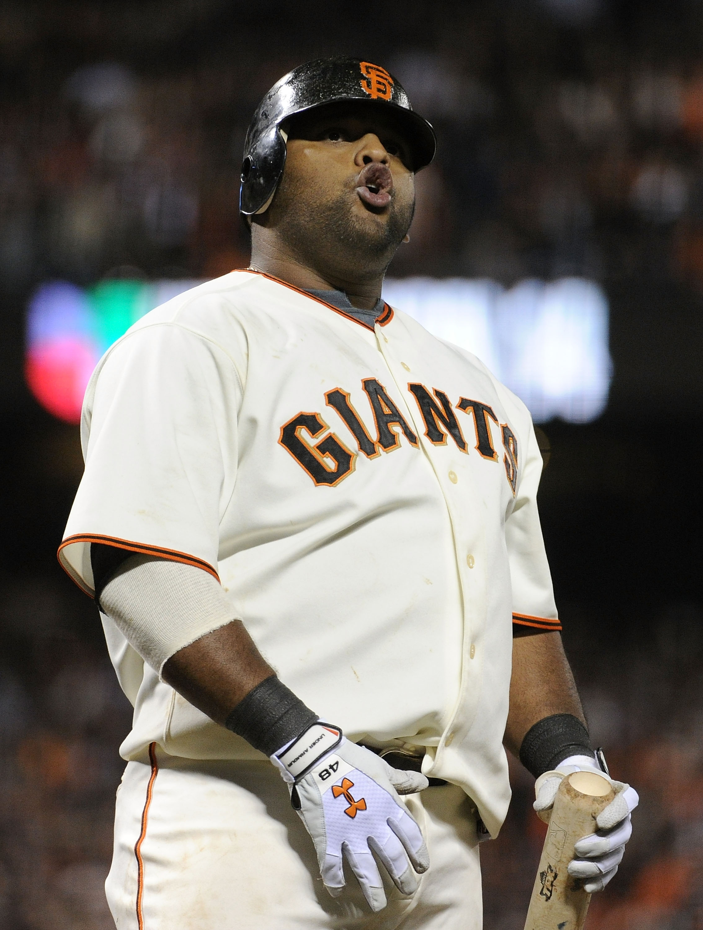 SAN FRANCISCO - OCTOBER 20:  Pablo Sandoval #48 of the San Francisco Giants reacts during an at-bat against the Philadelphia Phillies in Game Four of the NLCS during the 2010 MLB Playoffs at AT&T Park on October 20, 2010 in San Francisco, California.  (Ph