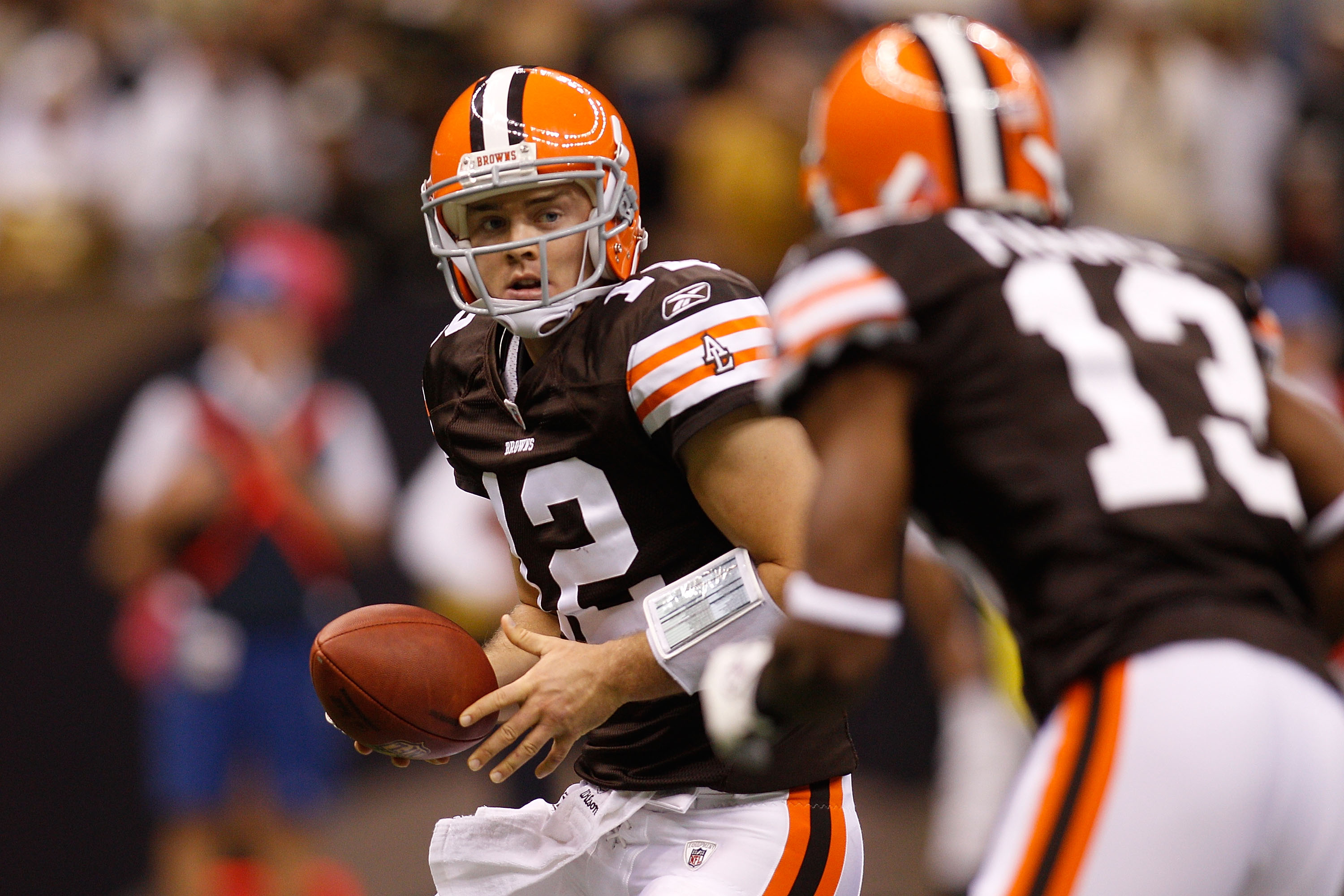 Cleveland Browns quarterback Colt McCoy (12) walks off the field after  their NFL football game against the New Orleans Saints, Sunday, Oct. 24,  2010, at the Louisiana Superdome in New Orleans. It