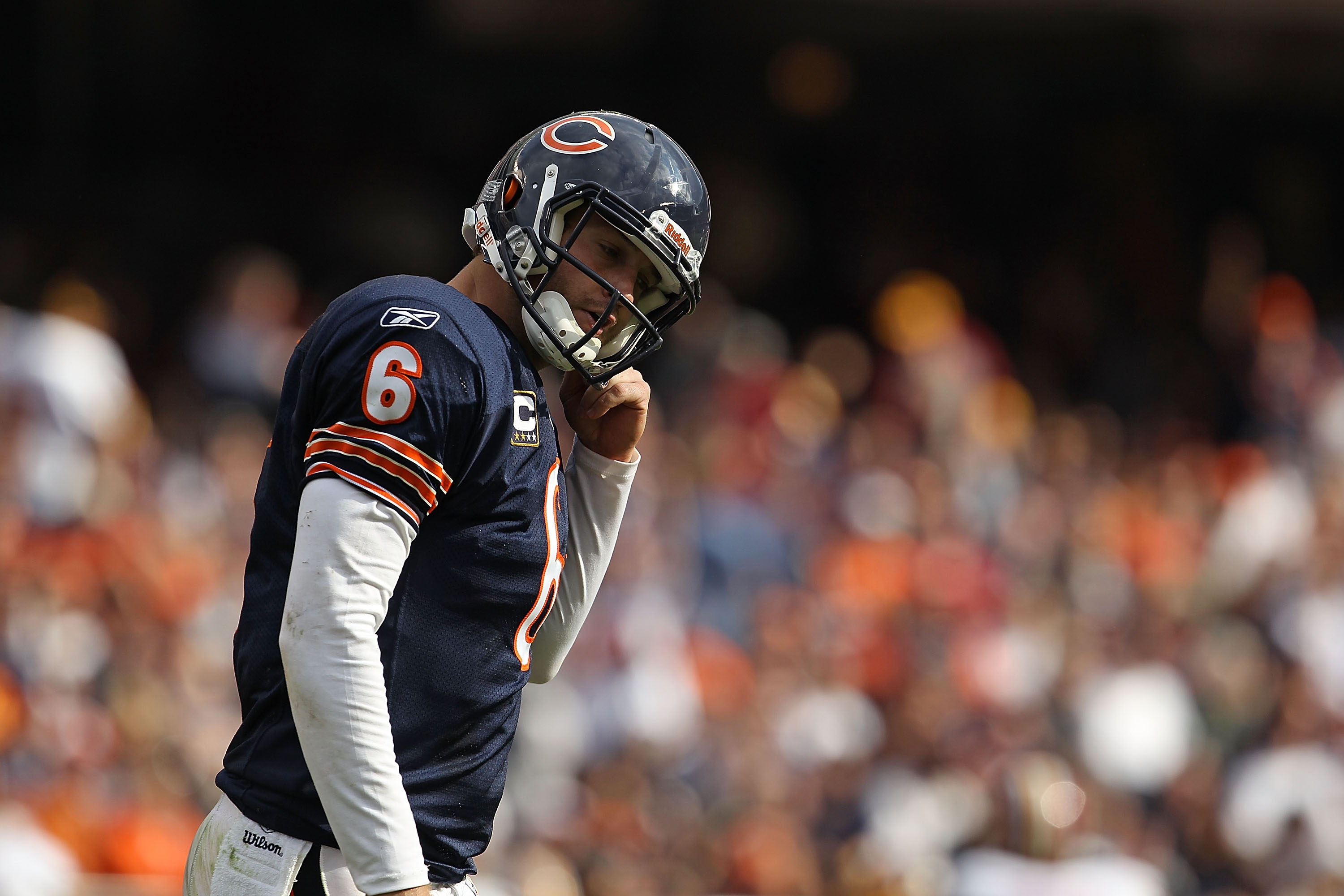 Chicago Bears running back Marion Barber (24) celebrates his touchdown  against the Minnesota Vikings with Bears wide receiver Roy Williams (11)  during the first quarter of their game at Soldier Field in