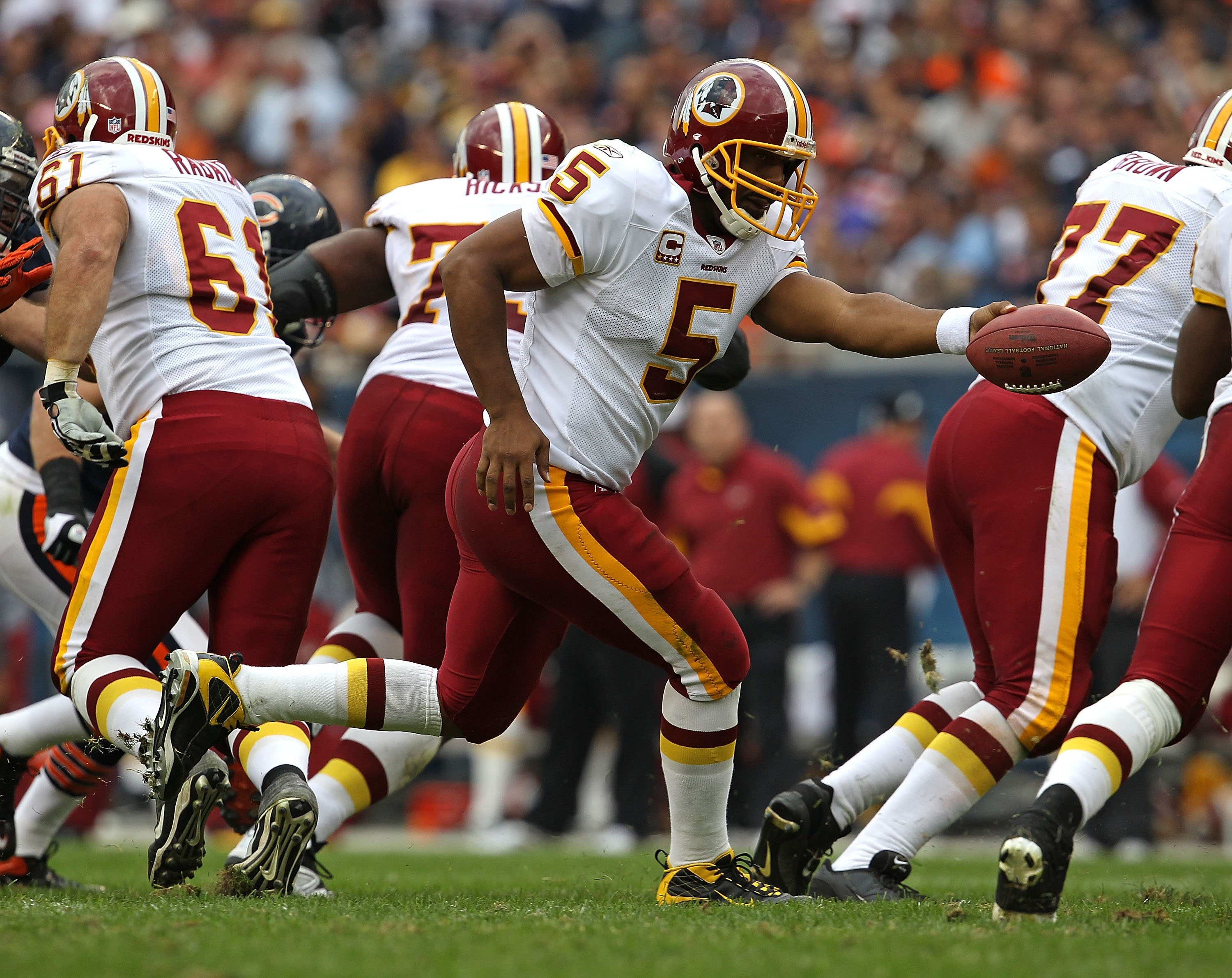 Washington Redskins quarterback Donovan McNabb (5) looks on from the  sidelines after being benched during the fourth quarter of their NFL  football game against the Detroit Lions in Detroit, Sunday, Oct. 31