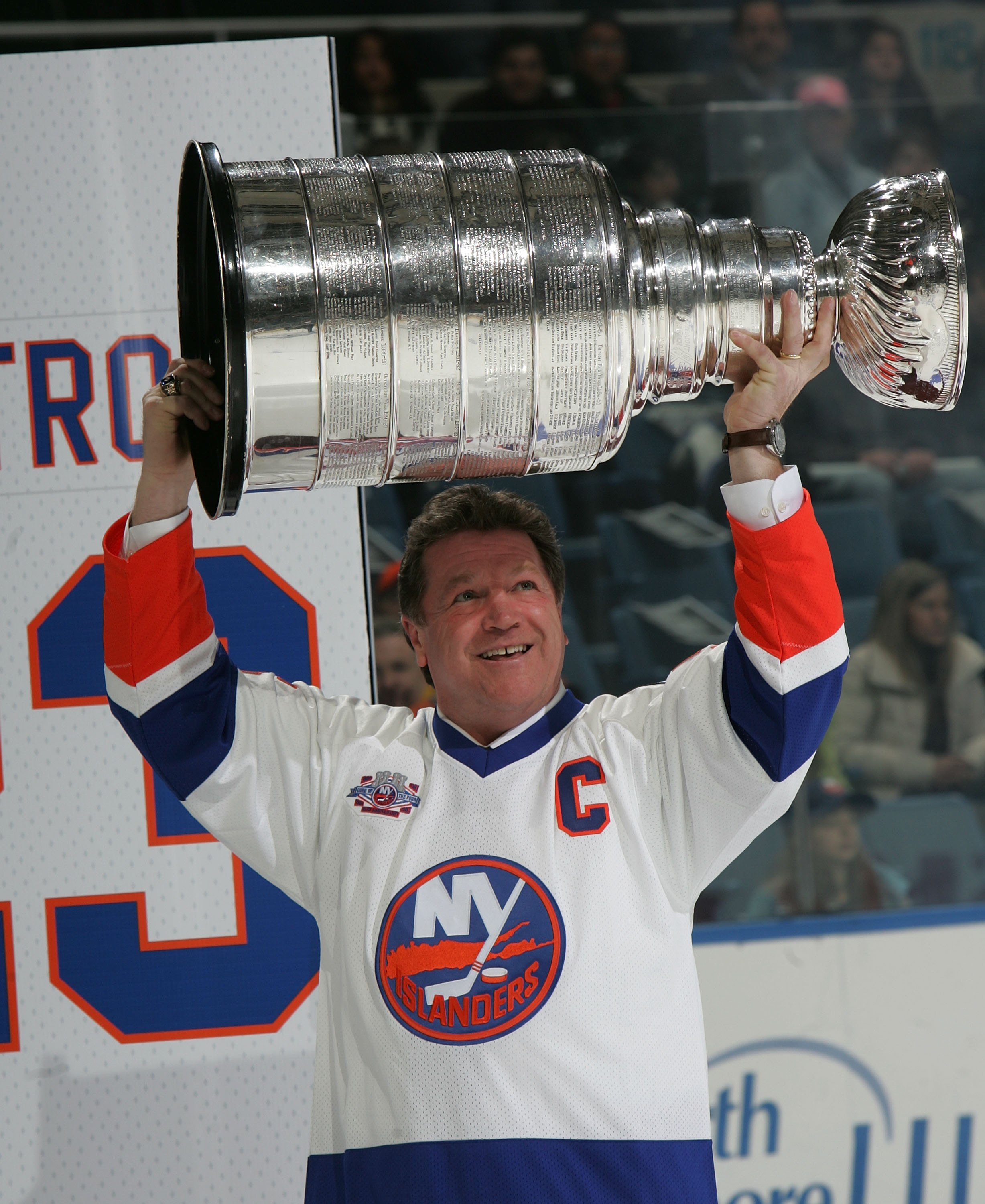 UNIONDALE, NY - MARCH 02:  Denis Potvin of 'The 'Core of the Four' New York Islanders Stanley Cup championships take part in a ceremony prior to the Islanders game against the Florida Panthers on March 2, 2008 at the Nassau Coliseum in Uniondale, New York