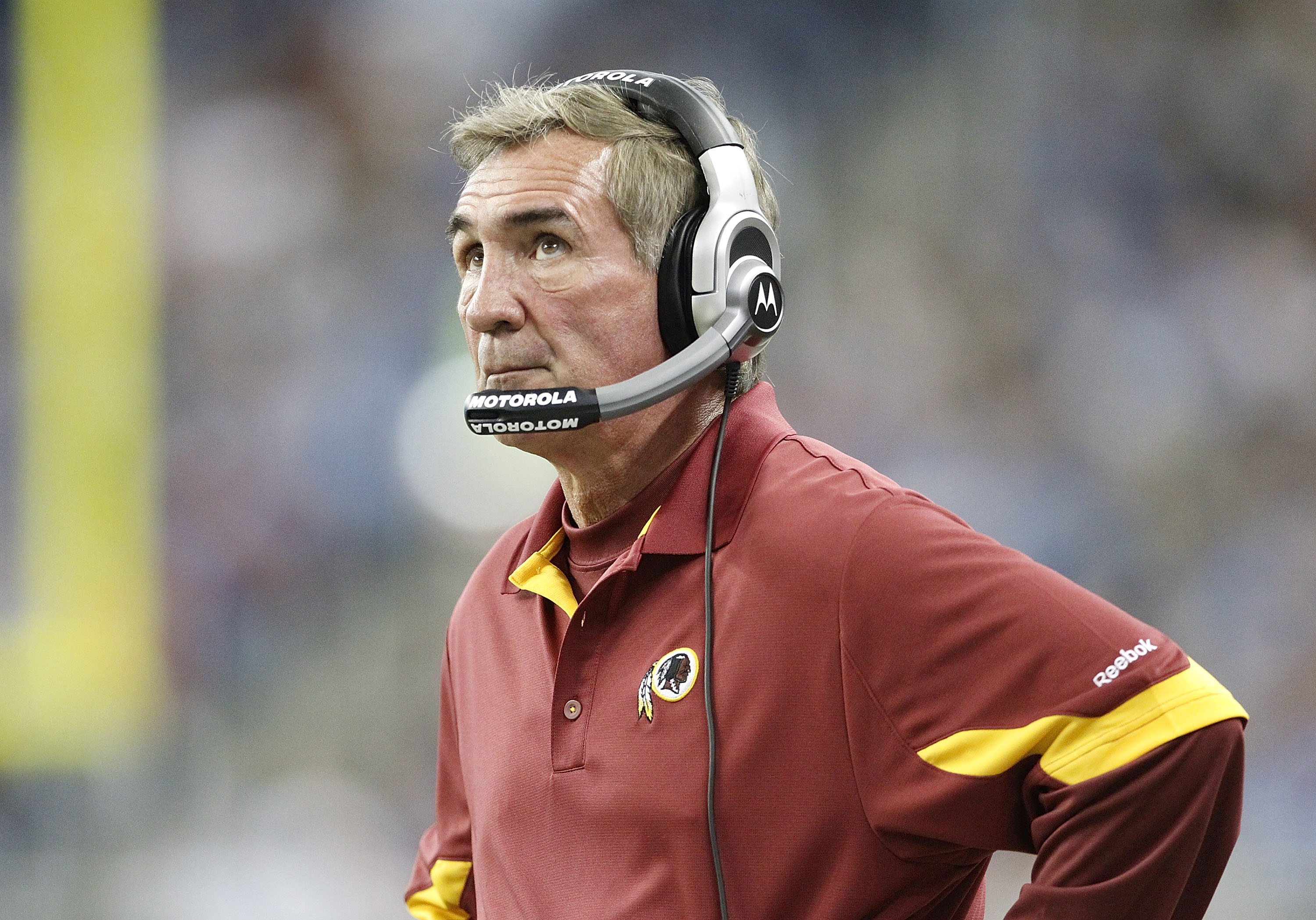 DETROIT - OCTOBER 31: Washington Redskins head coach Mike Shanahan watches the action during the game against the Detroit Lions at Ford Field on October 31, 2010 in Detroit, Michigan. The Lions defeated the Redskins 37-25.  (Photo by Leon Halip/Getty Imag