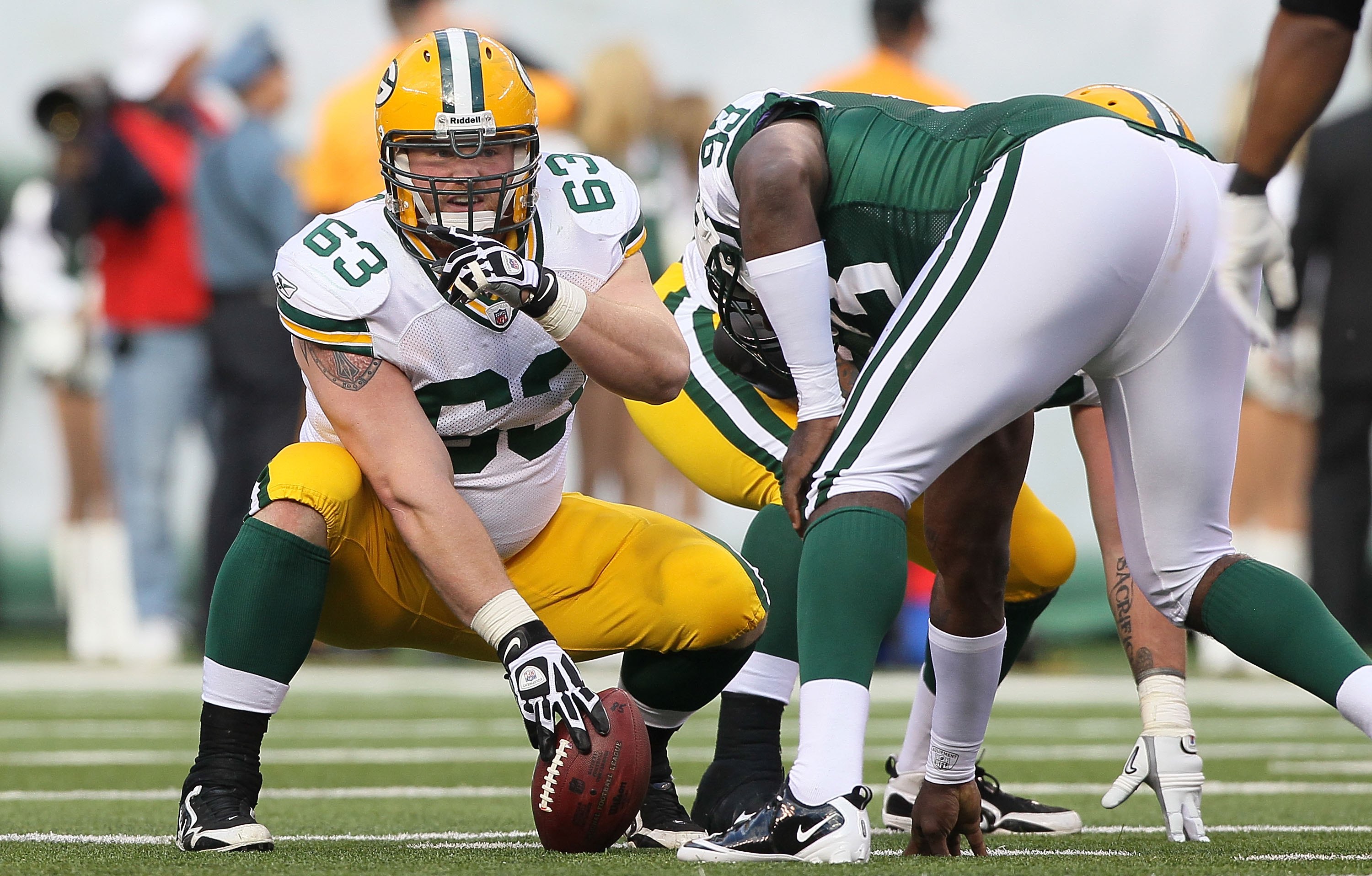EAST RUTHERFORD, NJ - OCTOBER 31:  Scott Wells #63 of the Green Bay Packers in action against the New York Jets on October 31, 2010 at the New Meadowlands Stadium in East Rutherford, New Jersey.The Packers defeated the Jets 9-0.  (Photo by Jim McIsaac/Get