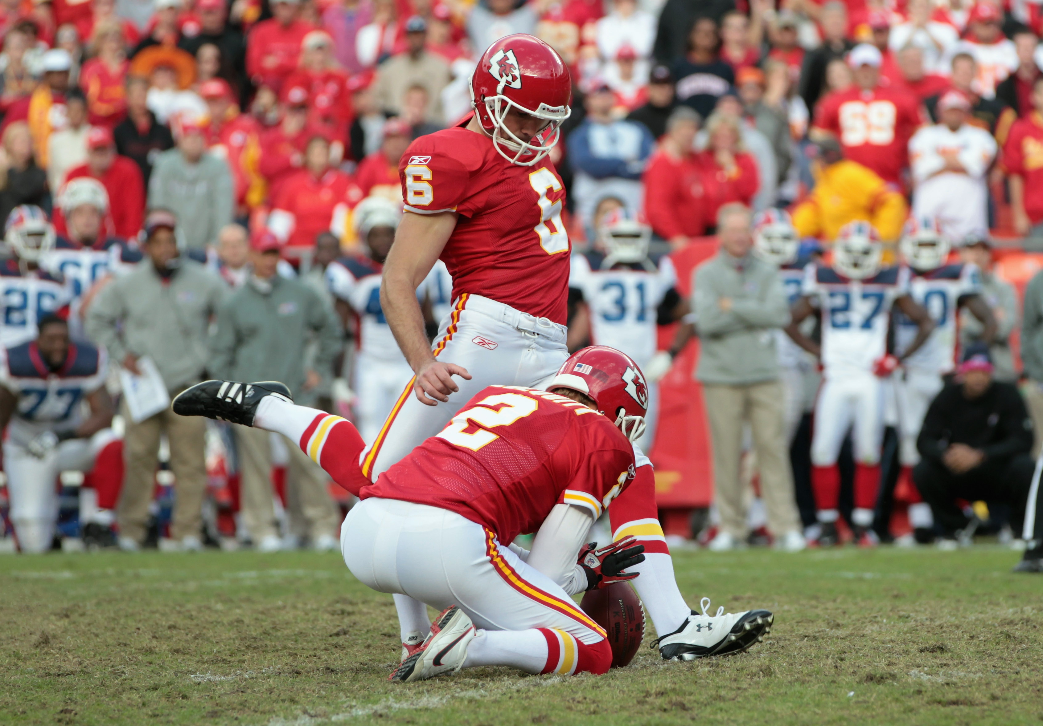 KANSAS CITY, MO - OCTOBER 31:  Kicker Ryan Succop #6 of the Kansas City Chiefs kicks a field goal in overtime to win the game against the Buffalo Bills on October 31, 2010  at Arrowhead Stadium in Kansas City, Missouri.  (Photo by Jamie Squire/Getty Image