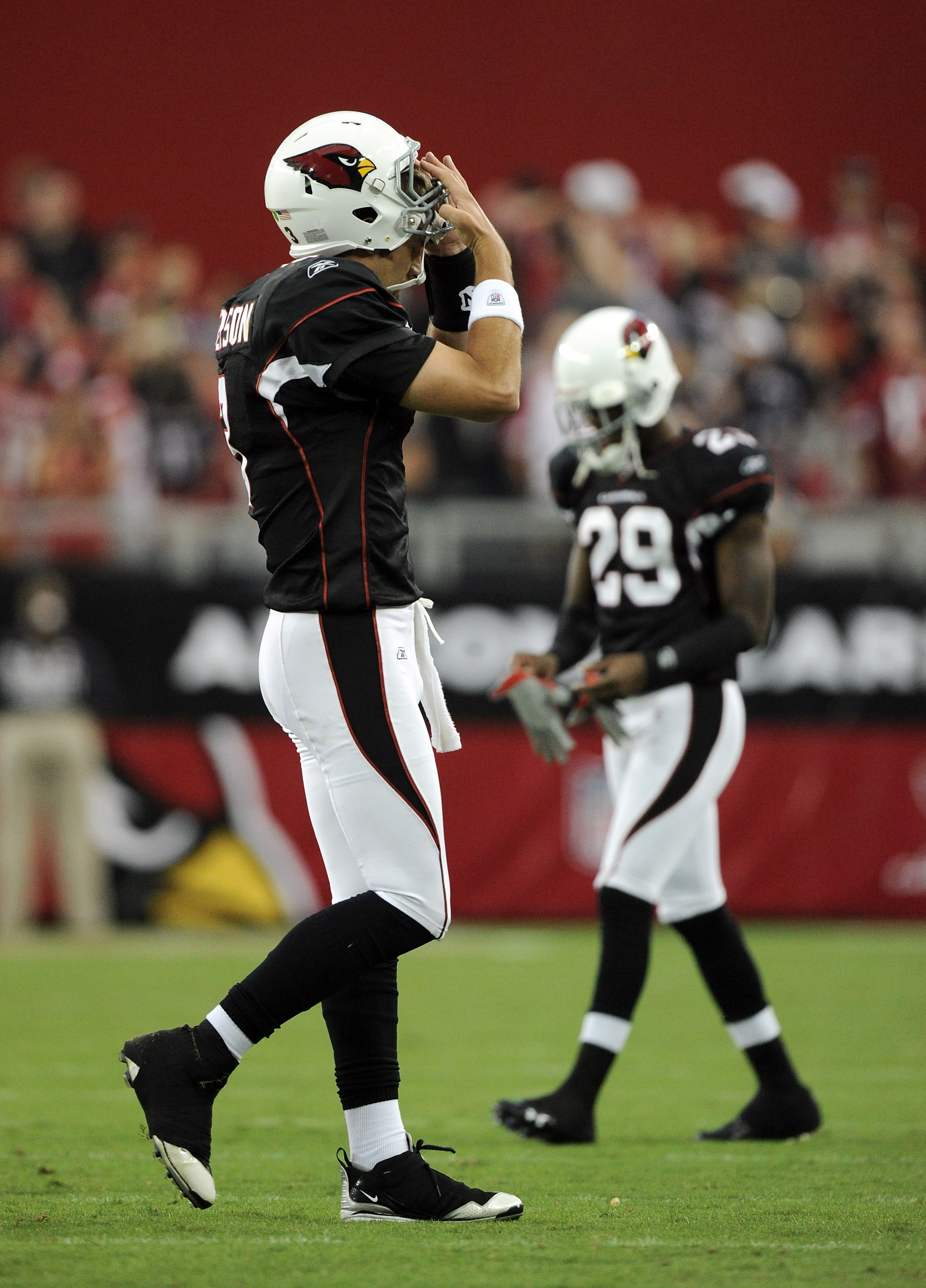 GLENDALE, AZ - OCTOBER 31:  Derek Anderson #3 of the Arizona Cardinals reacts as he leaves the field after throwing an interception toAqib Talib #25 of the Tampa Bay Buccaneers during the fourth quarter at University of Phoenix Stadium on October 31, 2010