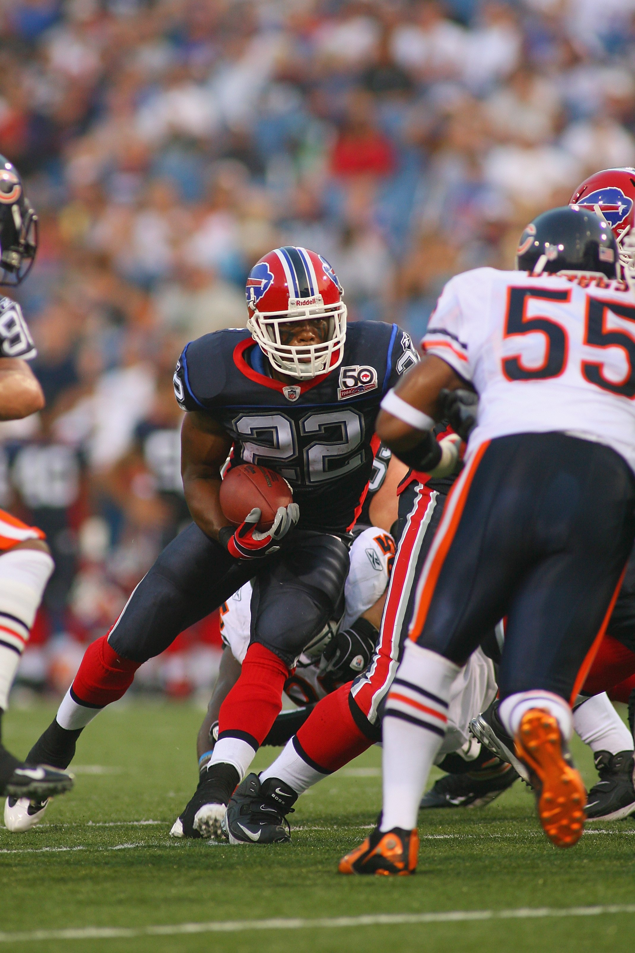 CHICAGO, IL - AUGUST 21: A detail view of a Buffalo Bills helmet is seen on  a cooler during a preseason game between the Chicago Bears and the Buffalo  Bills on August