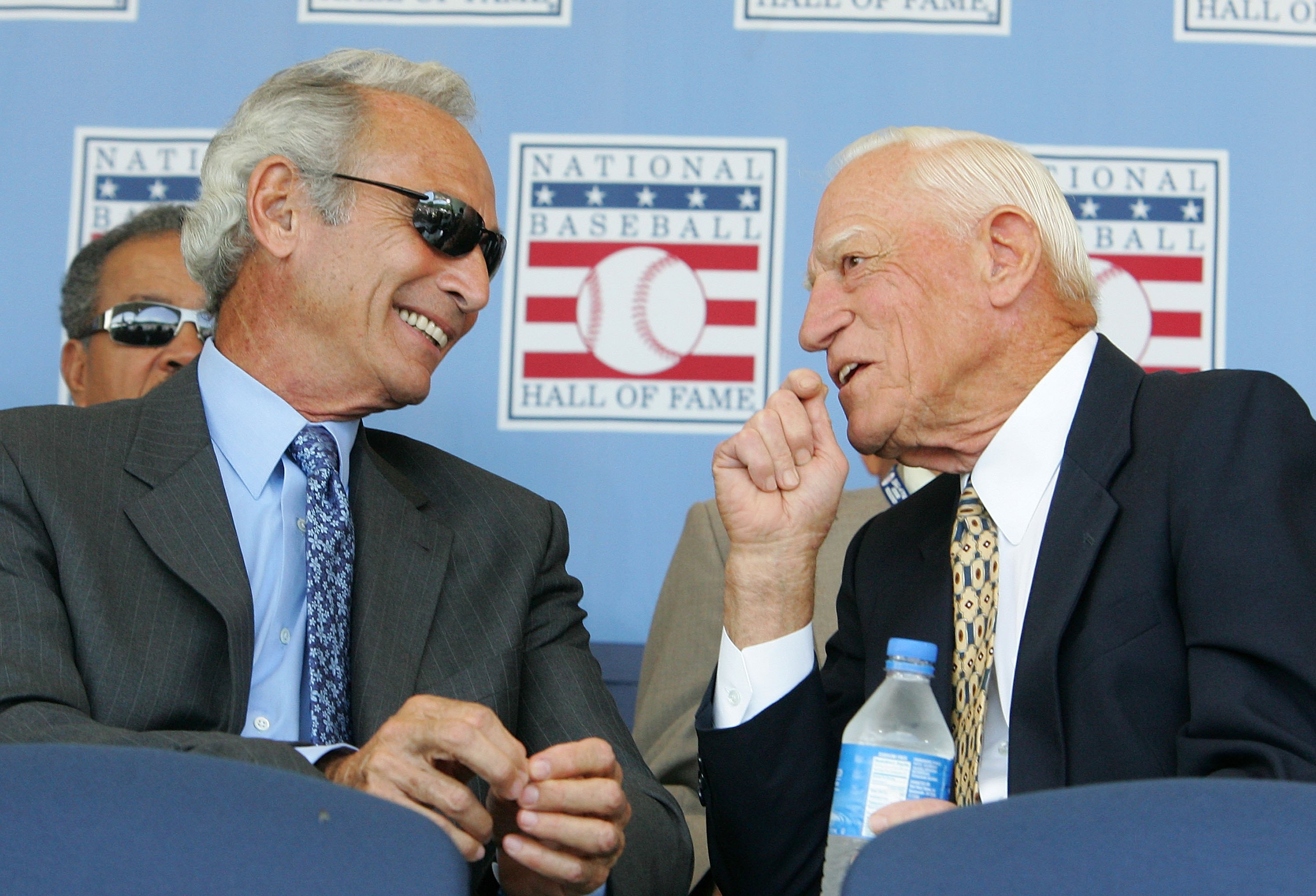 COOPERSTOWN, NY - JULY 30:  Hall of Famers Sandy Koufax (L) and Sparky Anderson talk before the start of the 2006 Baseball Hall of Fame induction ceremony at Clark Sports Center on July 30, 2006 in Cooperstown, New York.  (Photo by Jim McIsaac/Getty Image
