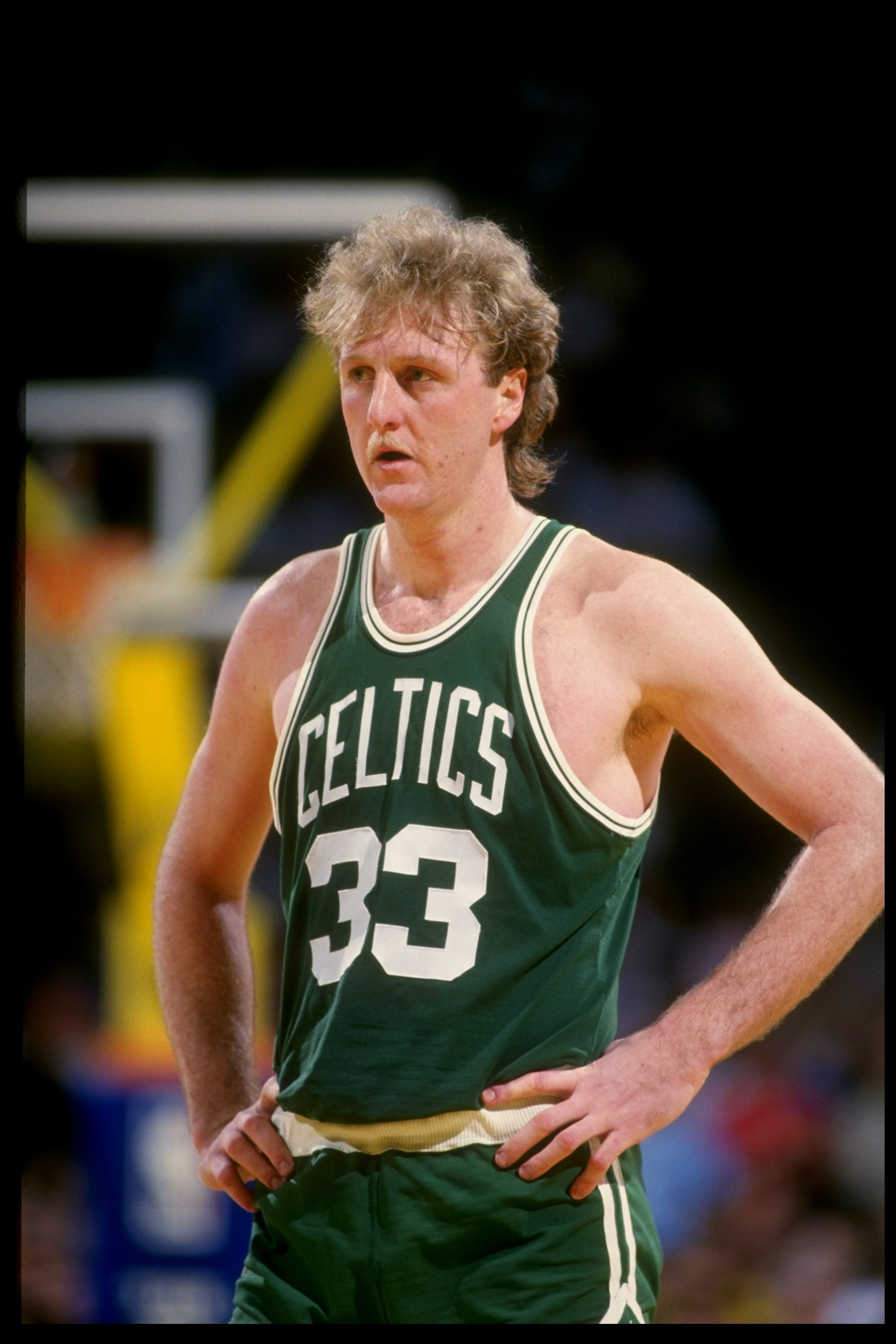 Undated:  Forward Larry Bird of the Boston Celtics looks on. NOTE TO USER:  It is expressly understood that the only rights Allsport are offering to license in this Photograph are one-time, non-exclusive editorial rights.  No advertising or commercial use