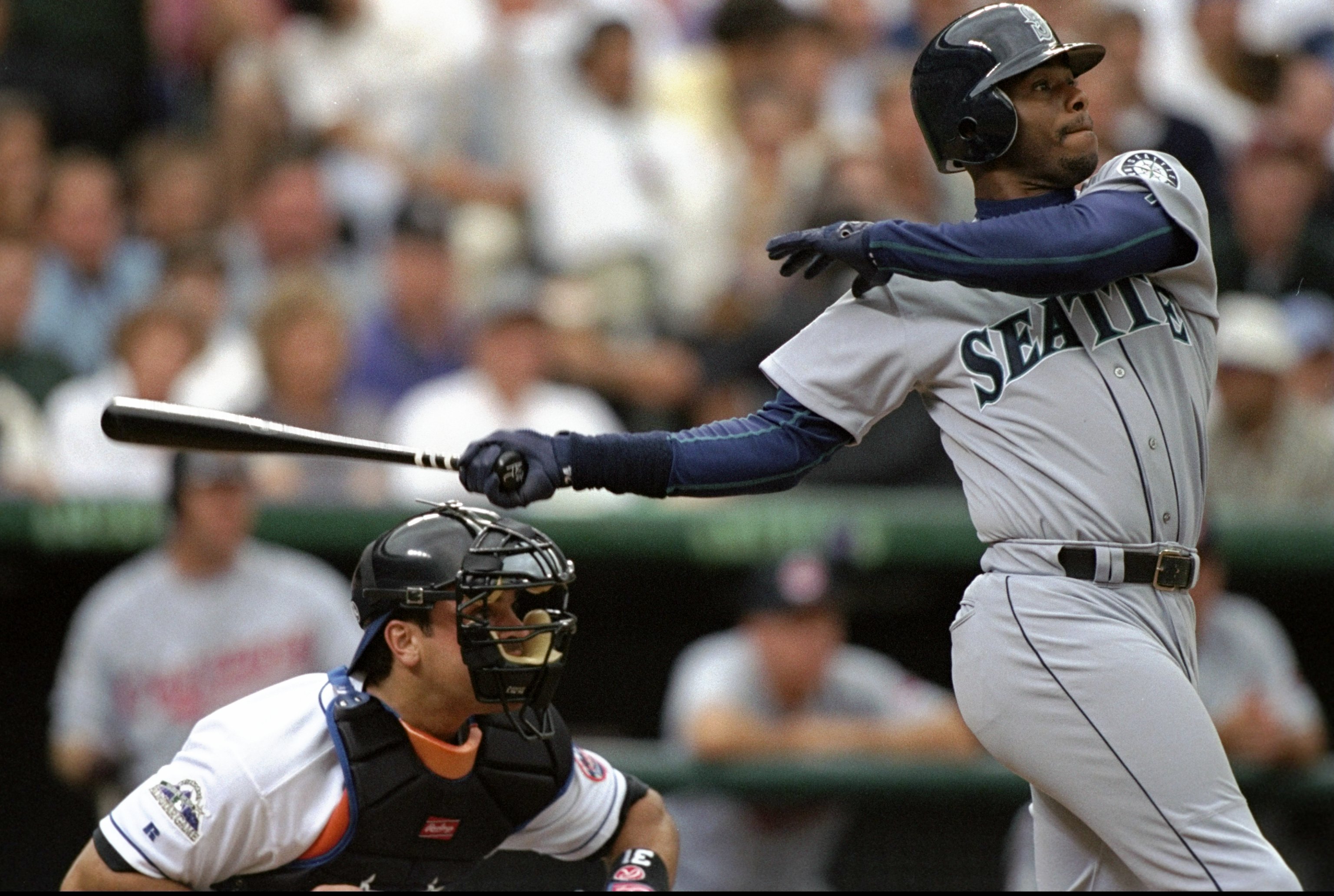 7 Jul 1998:  American League member Ken Griffey Jr. #24 of the Seattle Mariners swings at a pitch during the All-Star Game at Coors Field in Denver, Colorado. The American League defeated the National League 13-8. Mandatory Credit: Brian Bahr  /Allsport