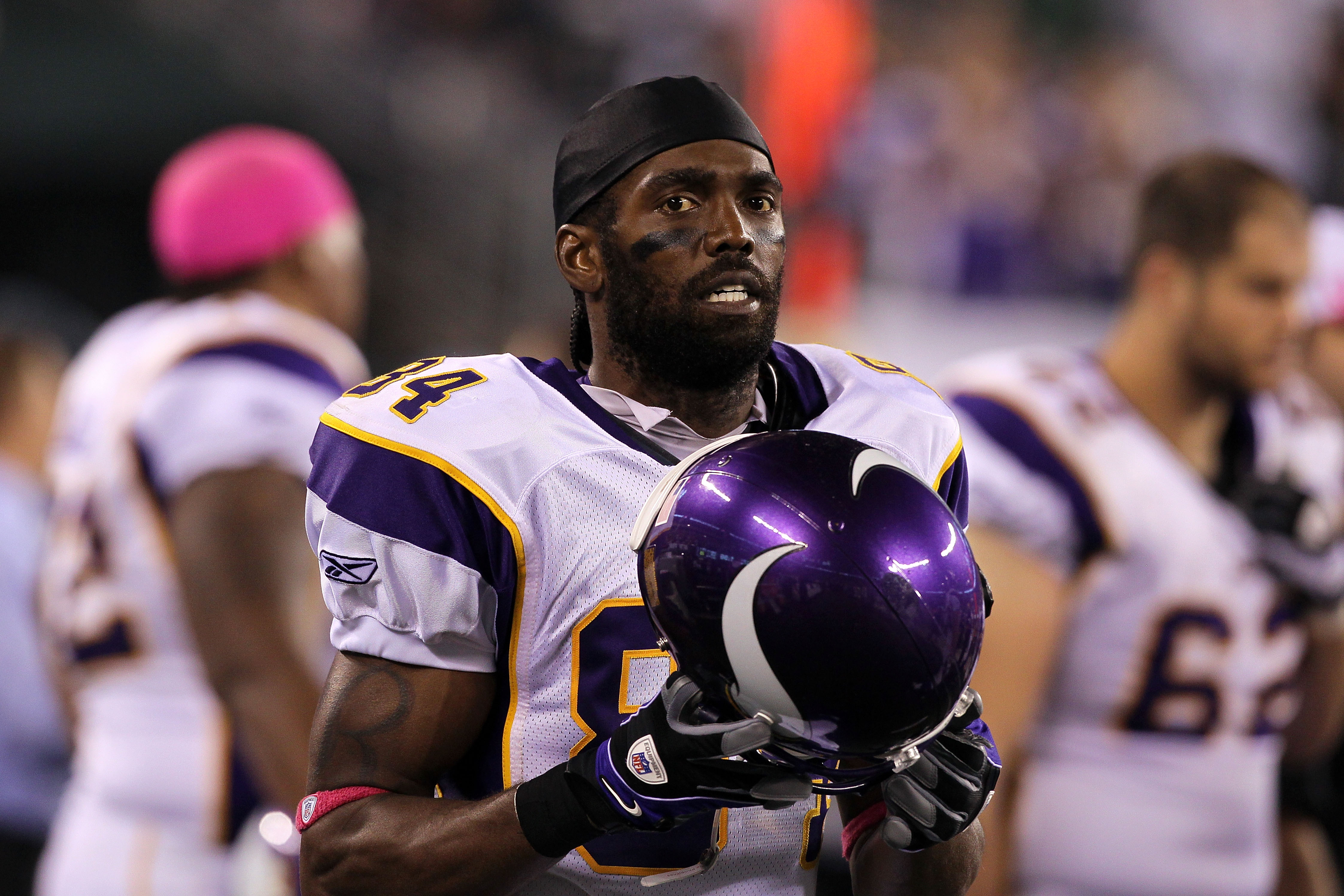 Randy Moss of the Minnesota Vikings looks on prior to taking on the New  York Giants on October 31 2004 at th…