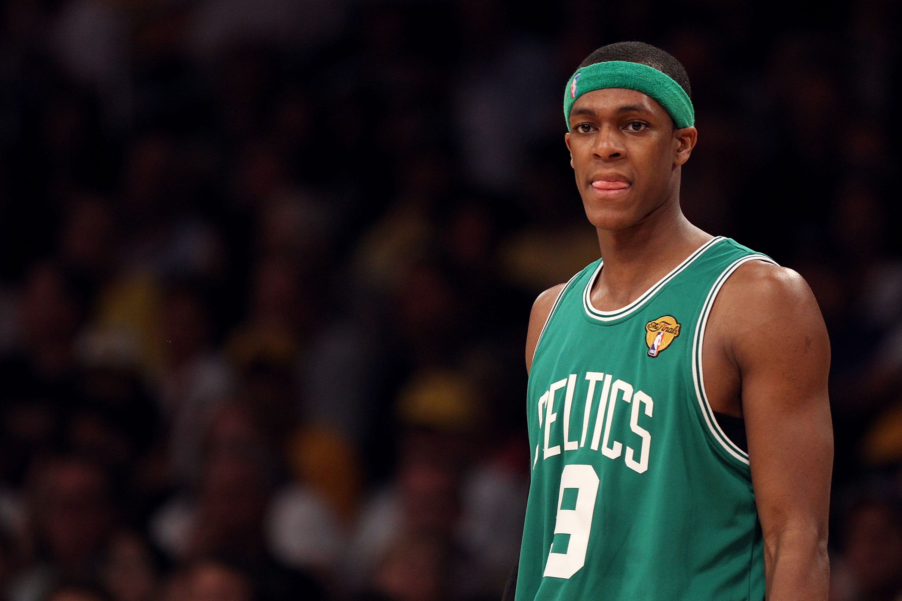 LOS ANGELES, CA - JUNE 15:  Rajon Rondo #9 of the Boston Celtics looks on while taking on the Los Angeles Lakers in Game Six of the 2010 NBA Finals at Staples Center on June 15, 2010 in Los Angeles, California.  NOTE TO USER: User expressly acknowledges a