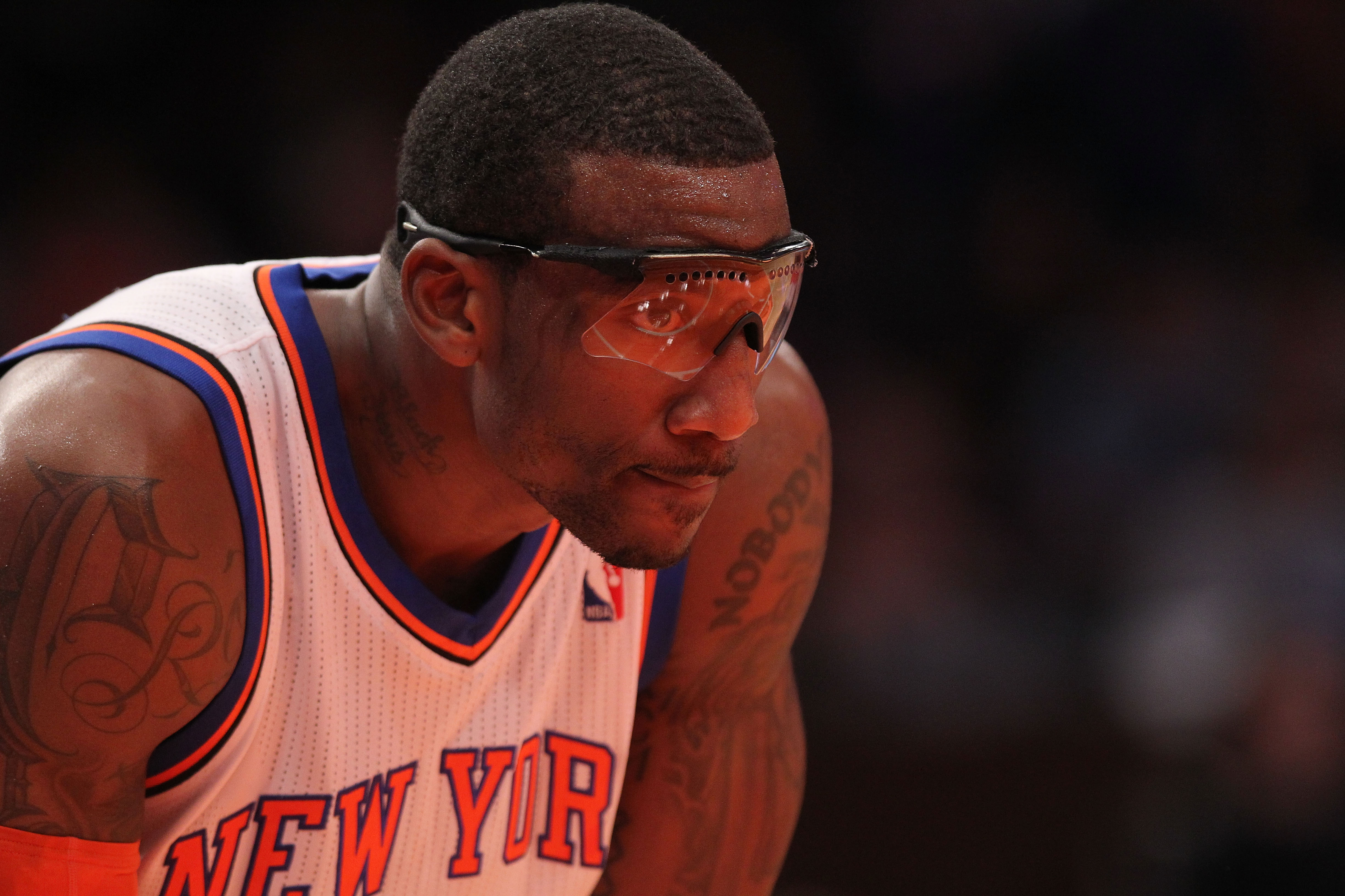 NEW YORK - OCTOBER 30:  Amar'e Stoudemire #1 of the New York Knicks watches a foul shot against the Portland Trail Blazers at Madison Square Garden on October 30, 2010 in New York City. NOTE TO USER: User expressly acknowledges and agrees that, by downloa