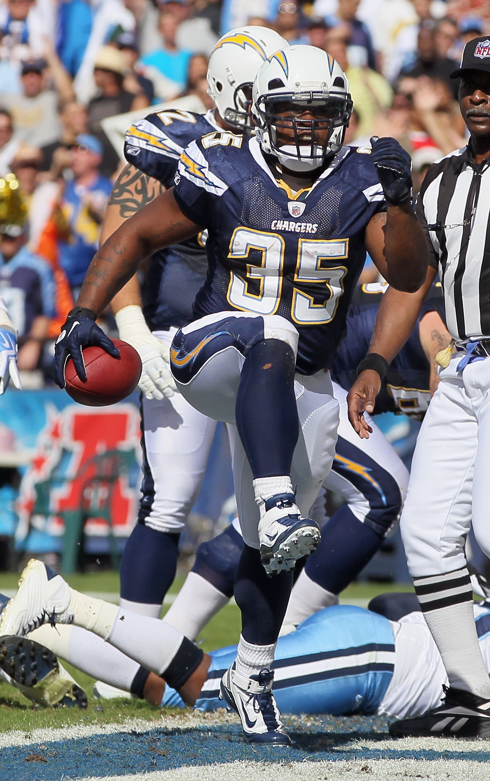 SAN DIEGO - OCTOBER 31:  Running back Mike Tolbert #35 of the San Diego Chargers celebrates a touchdown against the Tennessee Titans in the first quarter at Qualcomm Stadium on October 31, 2010 in San Diego, California. The Chargers defeated the Titans 33