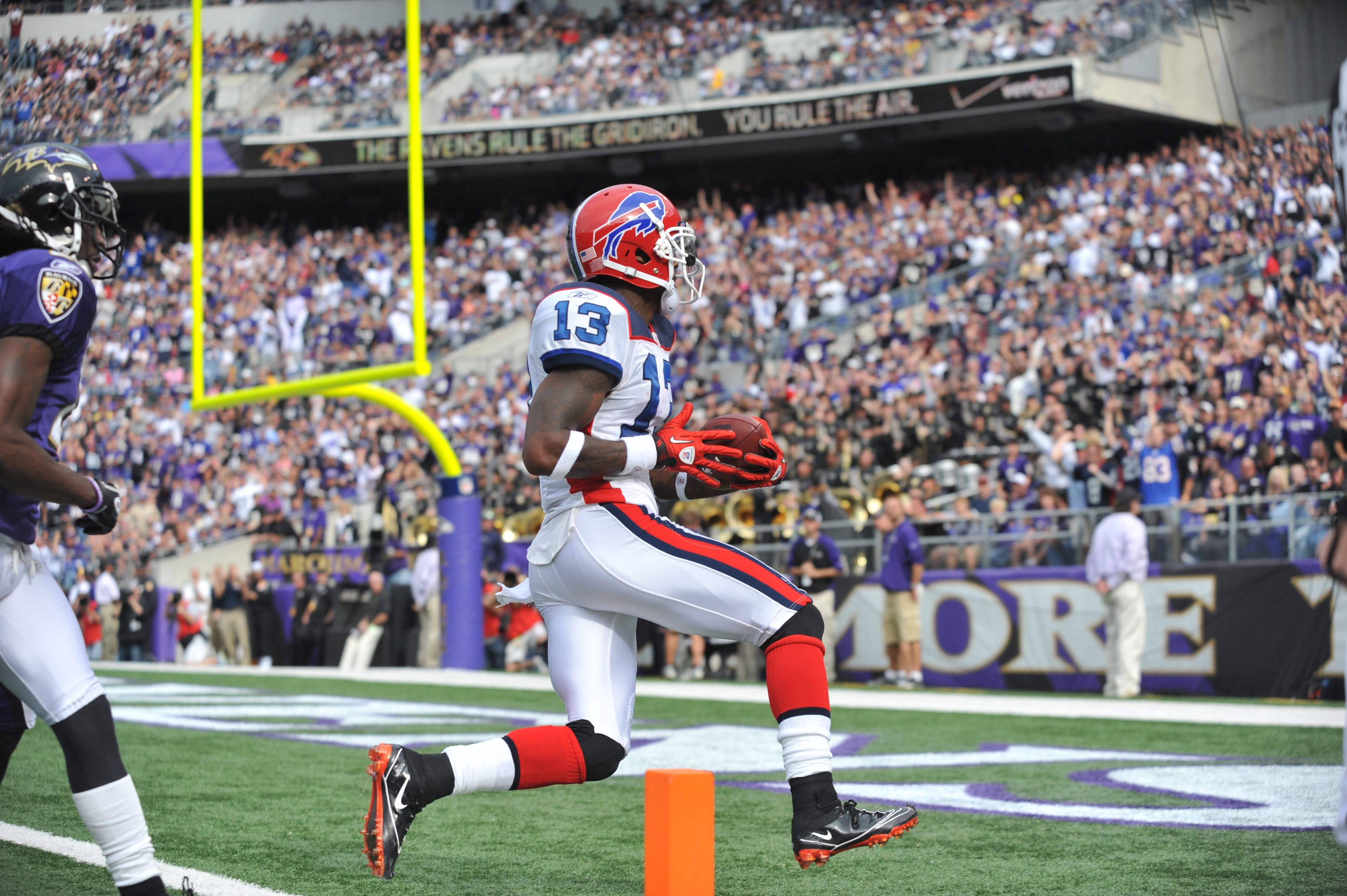 BALTIMORE, MD - OCTOBER 24:  Steve Johnson #13 of the Buffalo Bills scores a touchdown against the Baltimore Ravens at M&T Bank Stadium on October 24, 2010 in Baltimore, Maryland. The Ravens defeated the Bills 37-34. (Photo by Larry French/Getty Images)