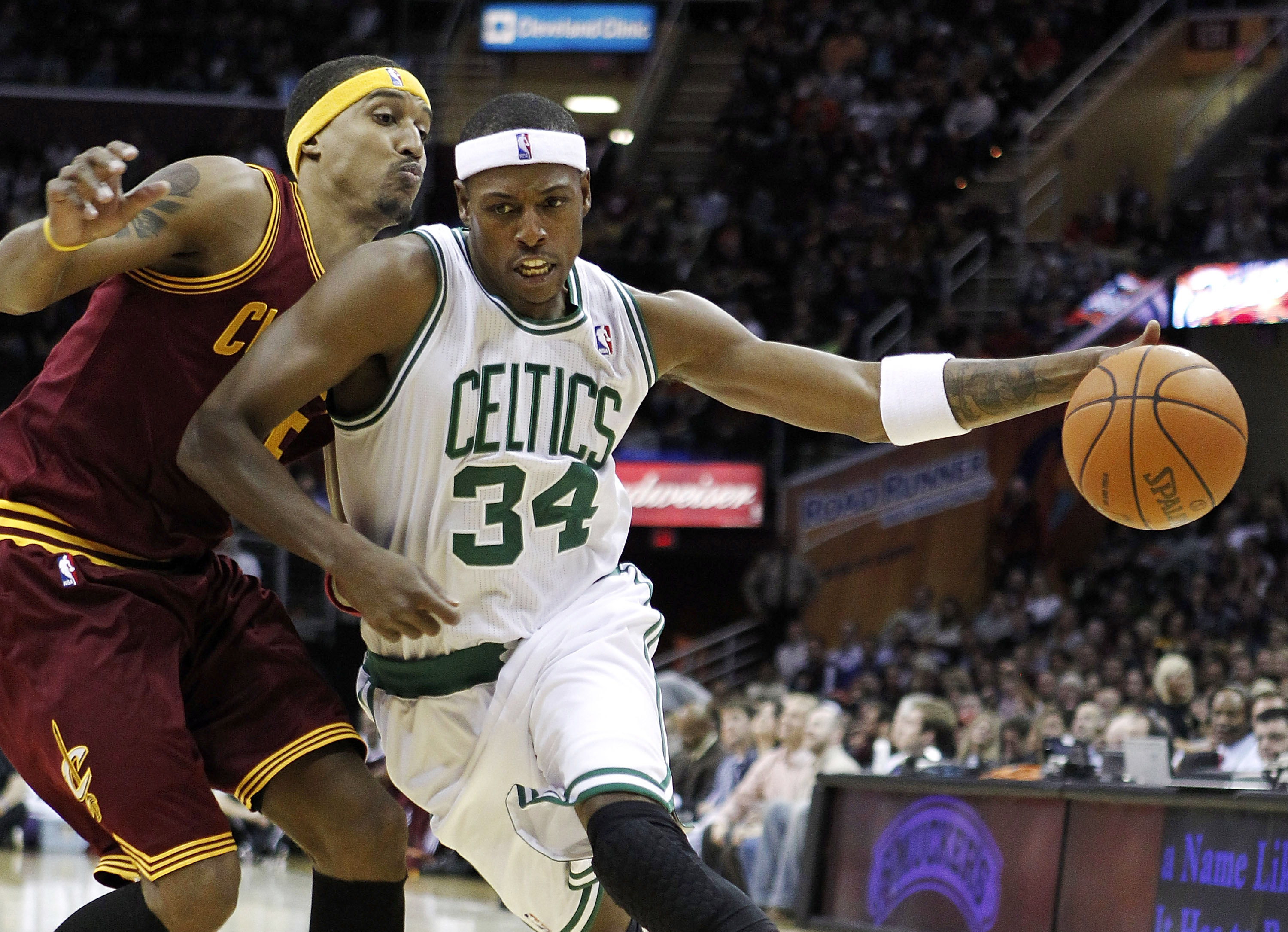 CLEVELAND - OCTOBER 27:  Paul Pierce #34 of the Boston Celtics tries to get around Jamario Moon #15 of the Cleveland Cavaliers at Quicken Loans Arena on October 27, 2010 in Cleveland, Ohio.  (Photo by Gregory Shamus/Getty Images)