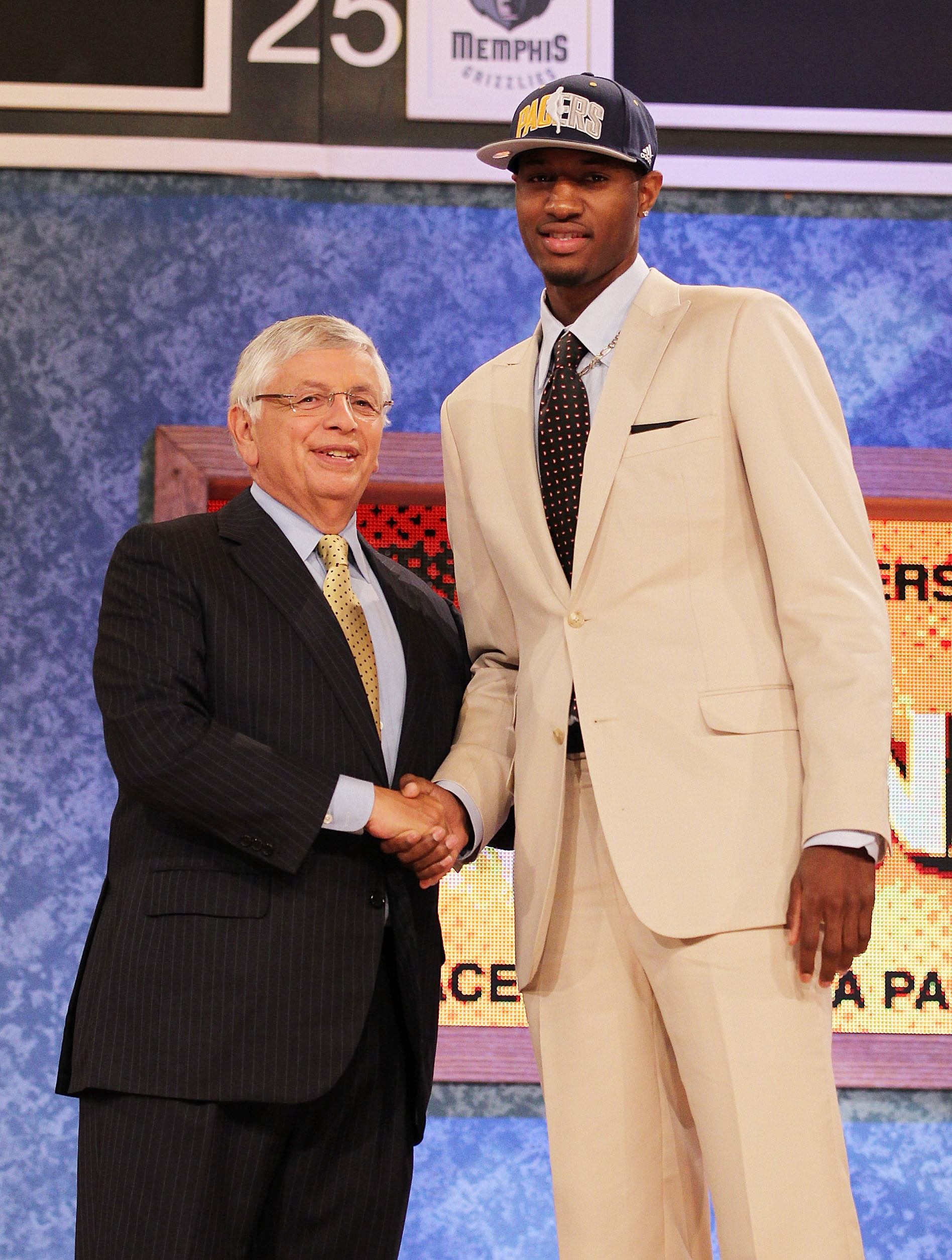 NEW YORK - JUNE 24:  Paul George stands with NBA Commisioner David Stern after being drafted tenth by The Indiana Pacers at Madison Square Garden on June 24, 2010 in New York City.  NOTE TO USER: User expressly acknowledges and agrees that, by downloading