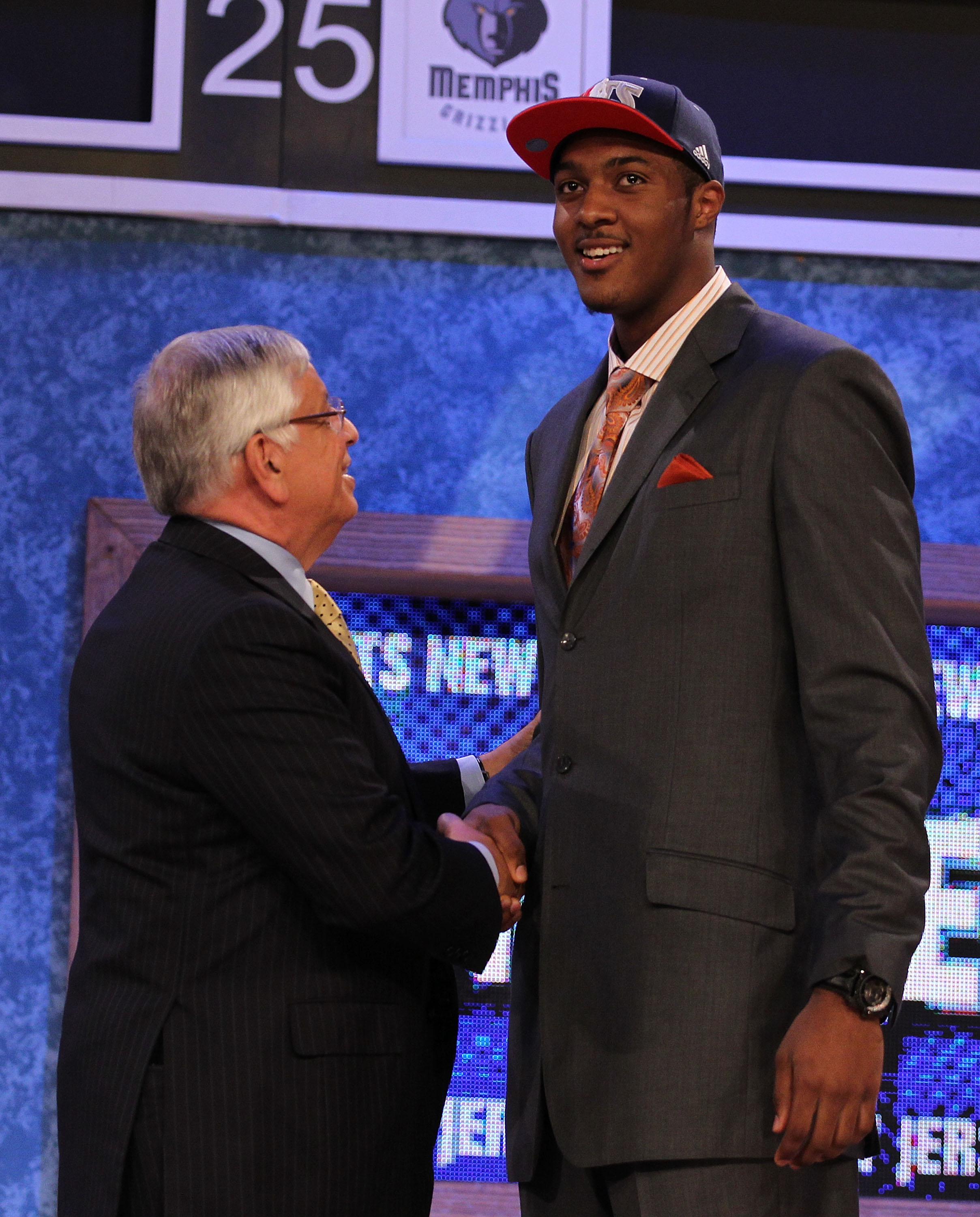 NEW YORK - JUNE 24:  Derrick Favors of Georgia State stands with NBA Commisioner David Stern after being drafted third overall by the New Jersey Nets at Madison Square Garden on June 24, 2010 in New York City.  NOTE TO USER: User expressly acknowledges an