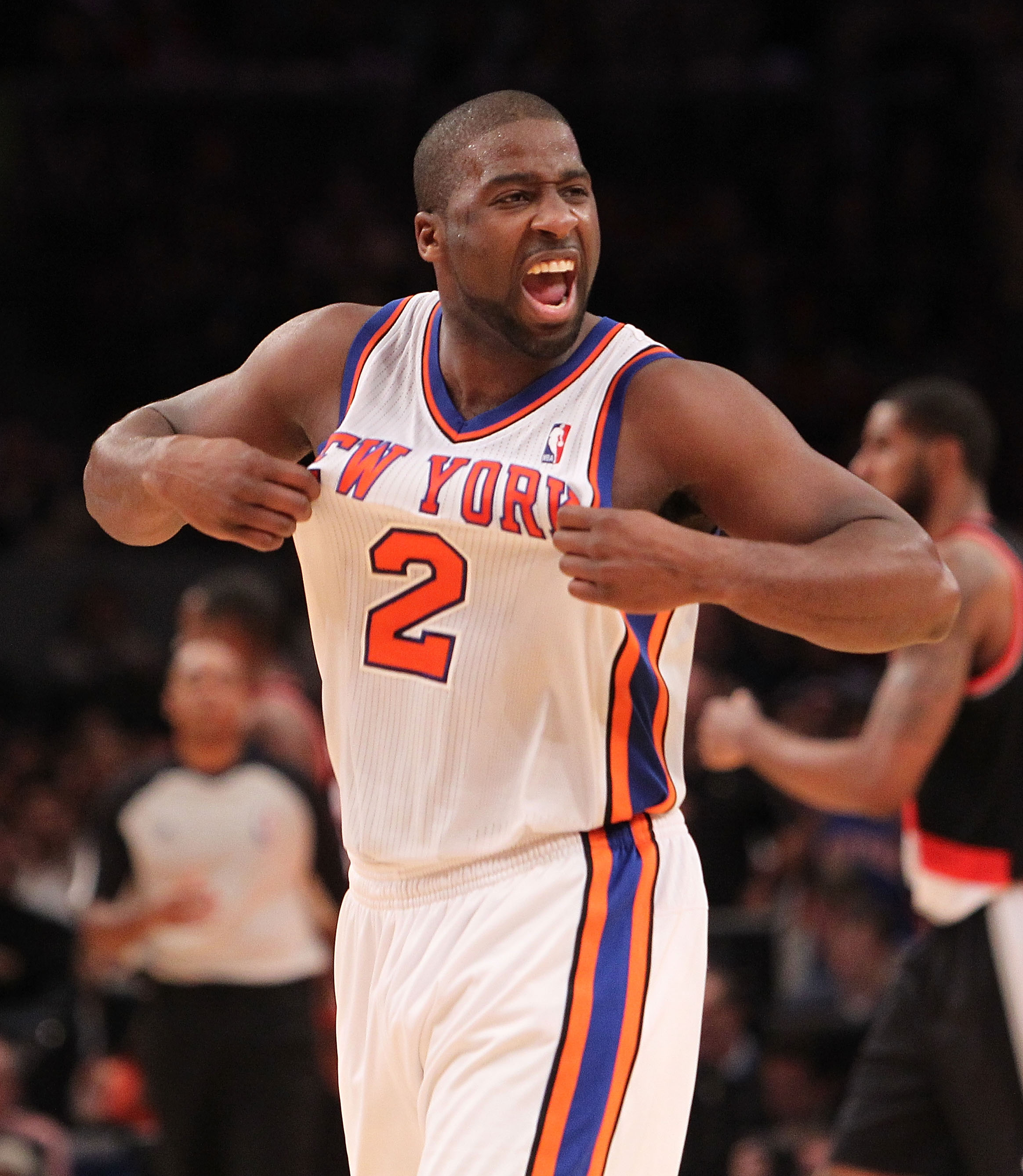NEW YORK - OCTOBER 30:  Raymond Felton #2 of the New York Knicks celebrates a basket agaisnt the Portland Trail Blazers at Madison Square Garden on October 30, 2010 in New York City. NOTE TO USER: User expressly acknowledges and agrees that, by downloadin