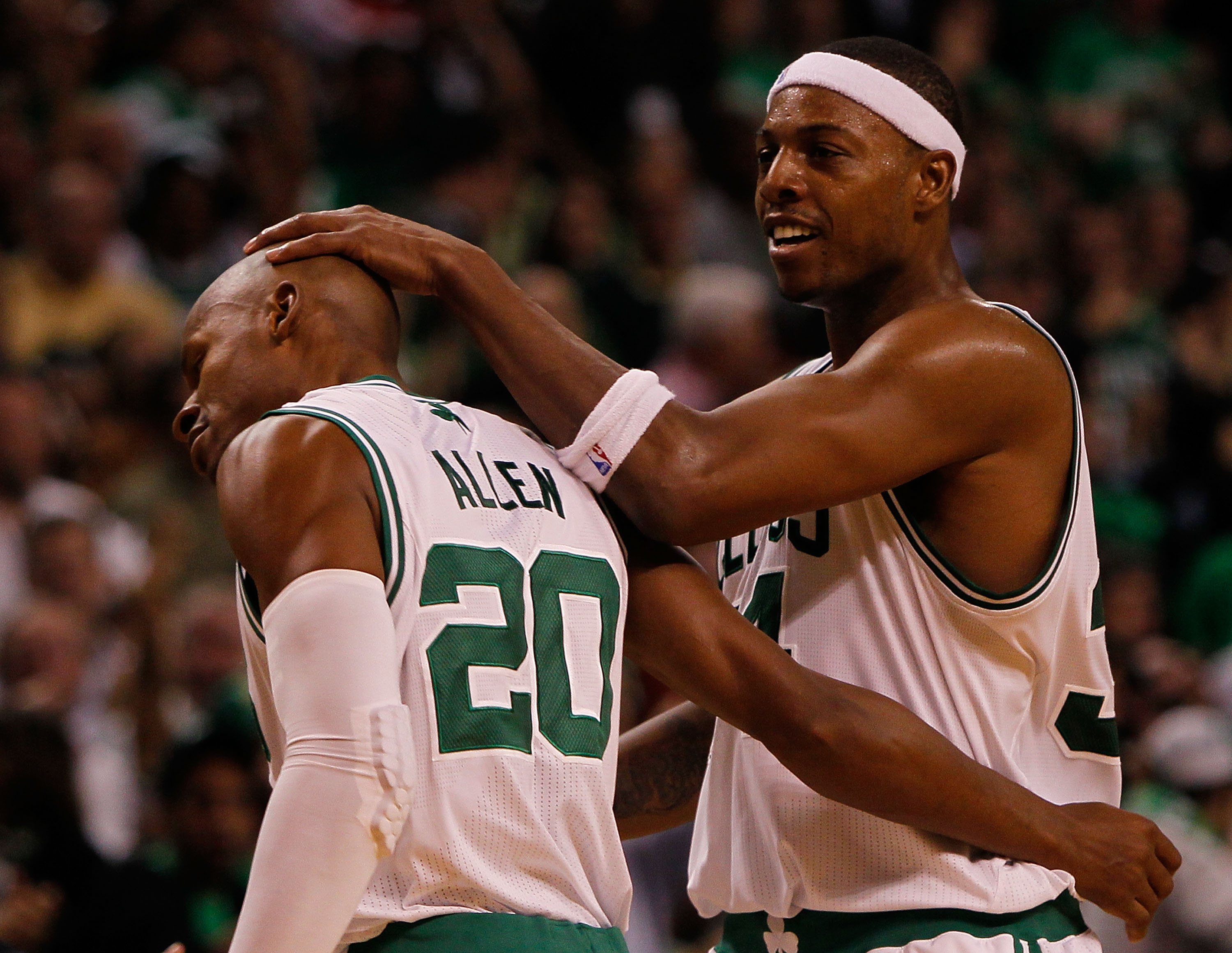 BOSTON, MA - OCTOBER 26:  Ray Allen #20 of the Boston Celtics celebrates his basket with teammate Paul Pierce #34 during a game against the Miami Heat at the TD Banknorth Garden on October 26, 2010 in Boston, Massachusetts. NOTE TO USER: User expressly ac