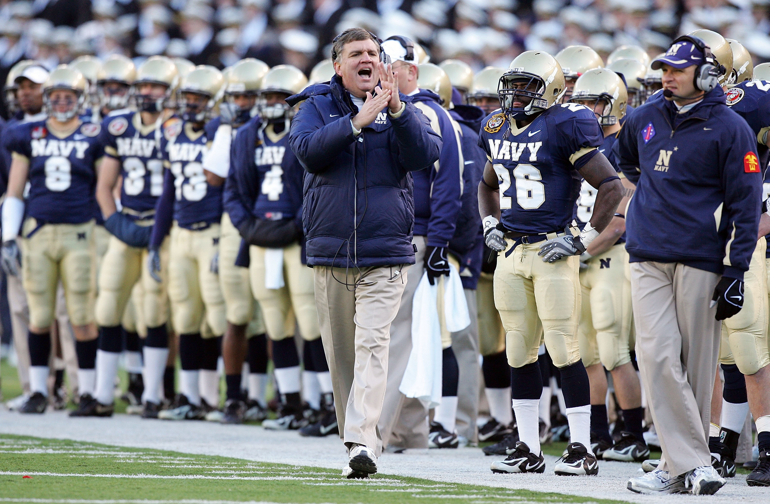 BALTIMORE - DECEMBER 01:  Head coach Paul Johnson of the Navy Midshipmen yells to his team against the Army Black Knights during the 108th Army v Navy football game on December 1, 2007 at M&T Bank Stadium in Baltimore, Maryland.  (Photo by Jim McIsaac/Get