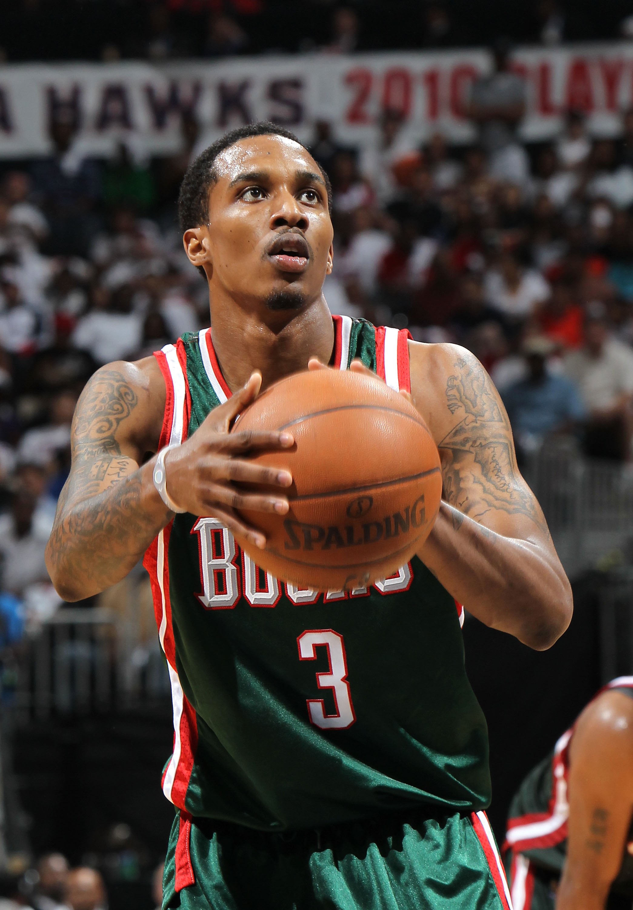 ATLANTA - MAY 2: Guard Brandon Jennings #3 of the Milwaukee Bucks gets set to shoot a free throw during Game Seven of the Eastern Conference Quarterfinals between the Milwaukee Bucks and the Atlanta Hawks during the 2010 NBA Playoffs at Philips Arena on