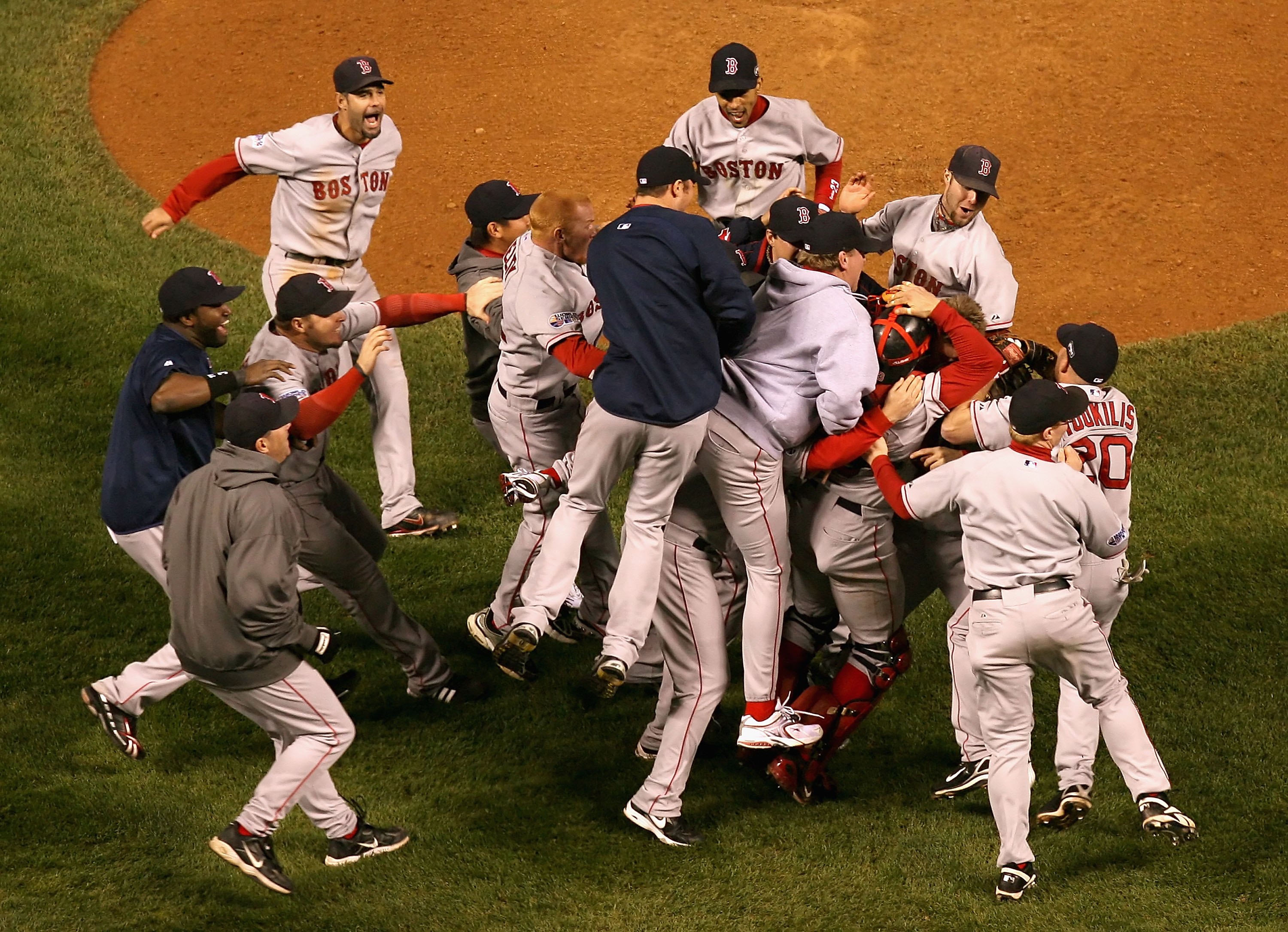DENVER - OCTOBER 28:  The Boston Red Sox celebrate after defeating the Colorado Rockies in Game Four of the 2007 World Series at Coors Field on October 28, 2007 in Denver, Colorado  The Red Sox defeated the Rockies 4-3 and won the World Series 4-0.  (Phot