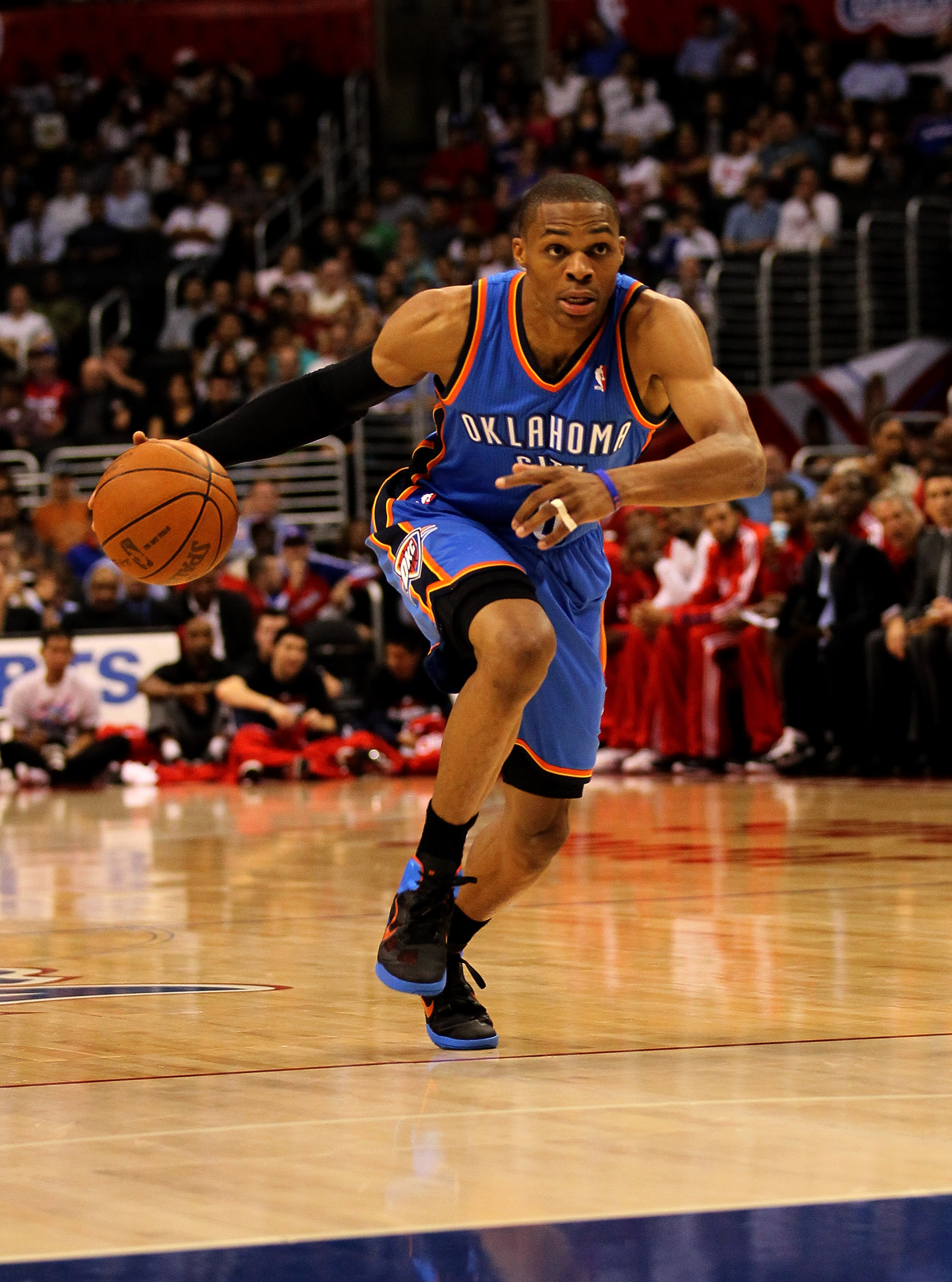 LOS ANGELES - NOVEMBER 3: Russell Westbrook #0 of the Oklahoma City Thunder drives against the Los Angeles Clippers at Staples Center on November 3, 2010 in Los Angeles, California. NOTE TO USER: User expressly acknowledges and agrees that, by downloadin