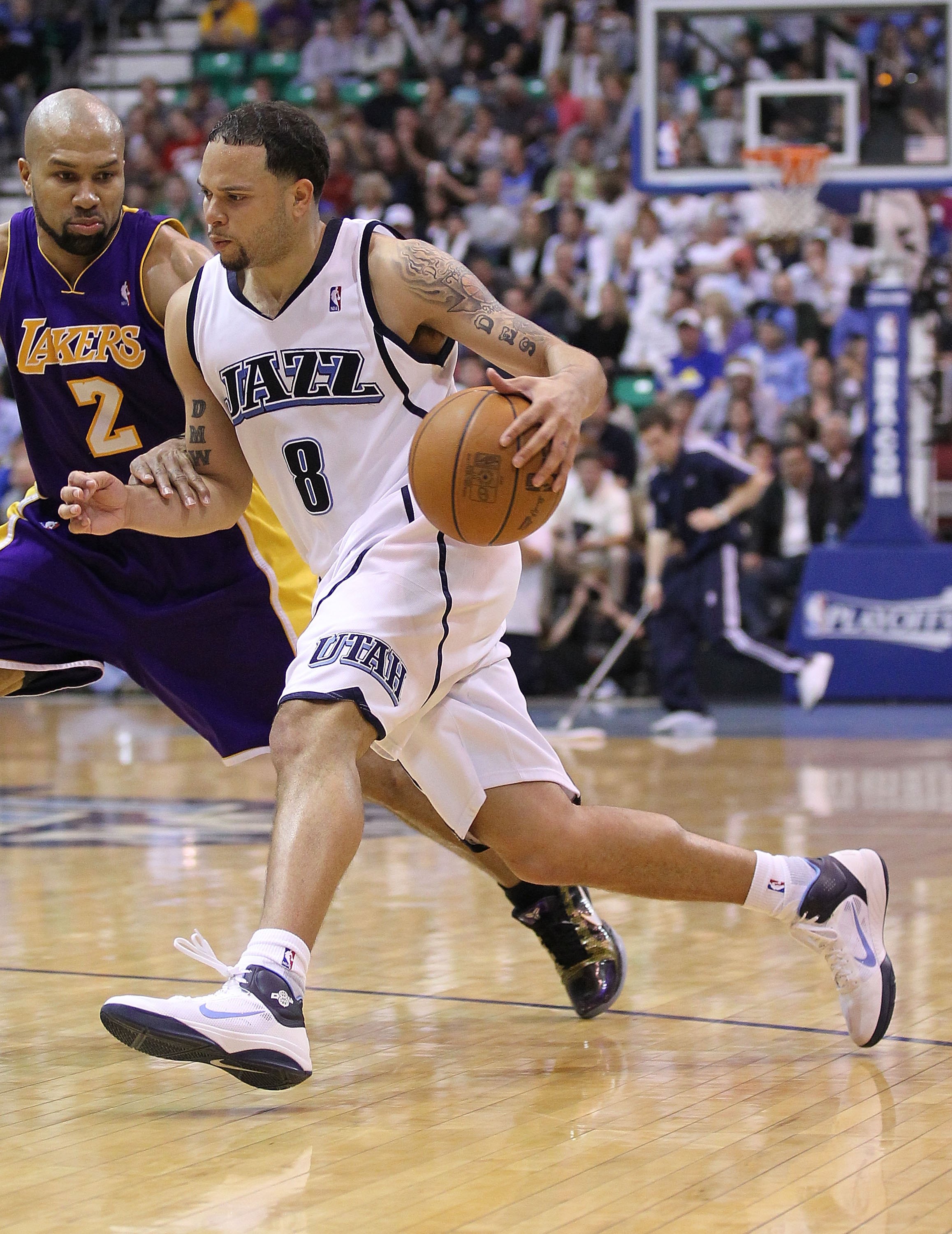 SALT LAKE CITY - MAY 10:  Deron Williams #8 of the Utah Jazz in action against the Los Angeles Lakers during Game Four of the Western Conference Semifinals of the 2010 NBA Playoffs on May 10, 2010 at Energy Solutions Arena in Salt Lake City, Utah. NOTE TO
