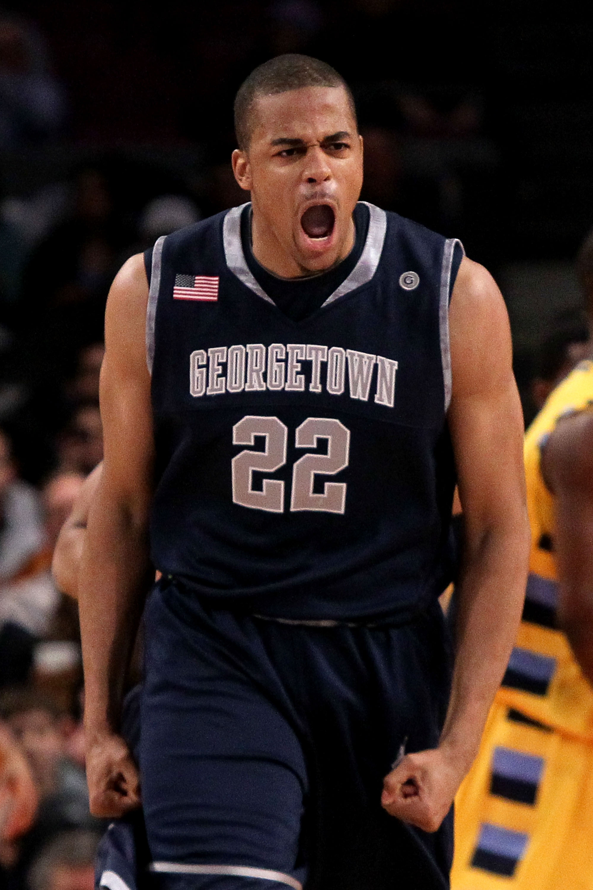 NEW YORK - MARCH 12: Julian Vaughn #22 of the Georgetown Hoyas reacts after a play against the Marquette Golden Eagles during the semifinal of the 2010 Big East Tournament at Madison Square Garden on March 12, 2010 in New York City. (Photo by Jim McIsaa