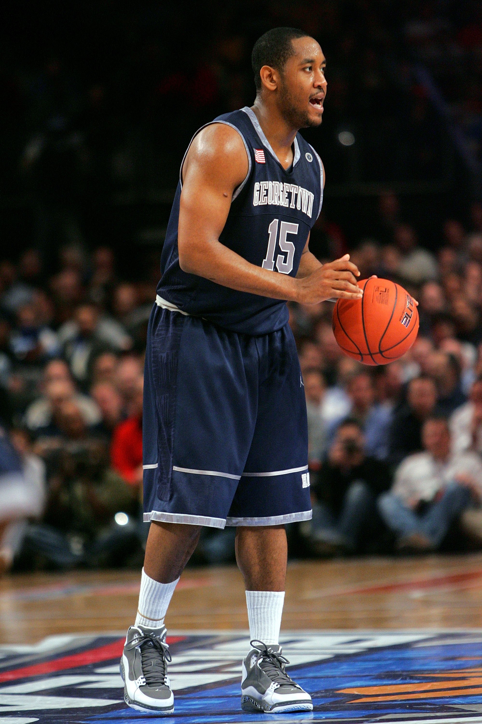NEW YORK - MARCH 11: Austin Freeman #15 of the Georgetown Hoyas handles the ball against the Syracuse Orange during the quarterfinal of the 2010 NCAA Big East Tournament at Madison Square Garden on March 11, 2010 in New York City. (Photo by Chris Trotma