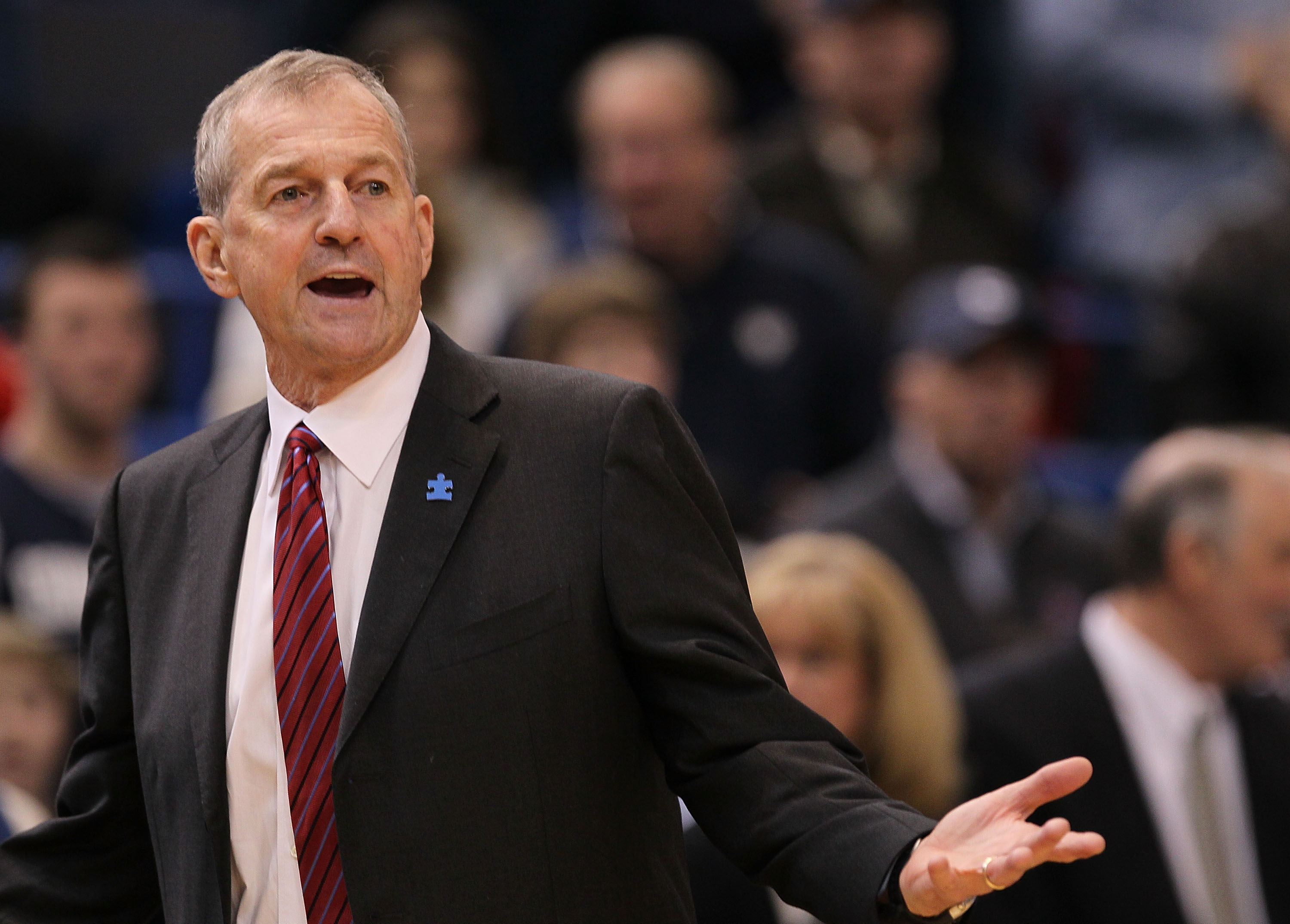 HARTFORD, CT - FEBRUARY 13: Coach Jim Calhoun of the Connecticut Huskies reacts during a game against the Cincinnati Bearcats at the XL Center on February 13, 2010 in Hartford, Connecticut. (Photo by Jim Rogash/Getty Images)