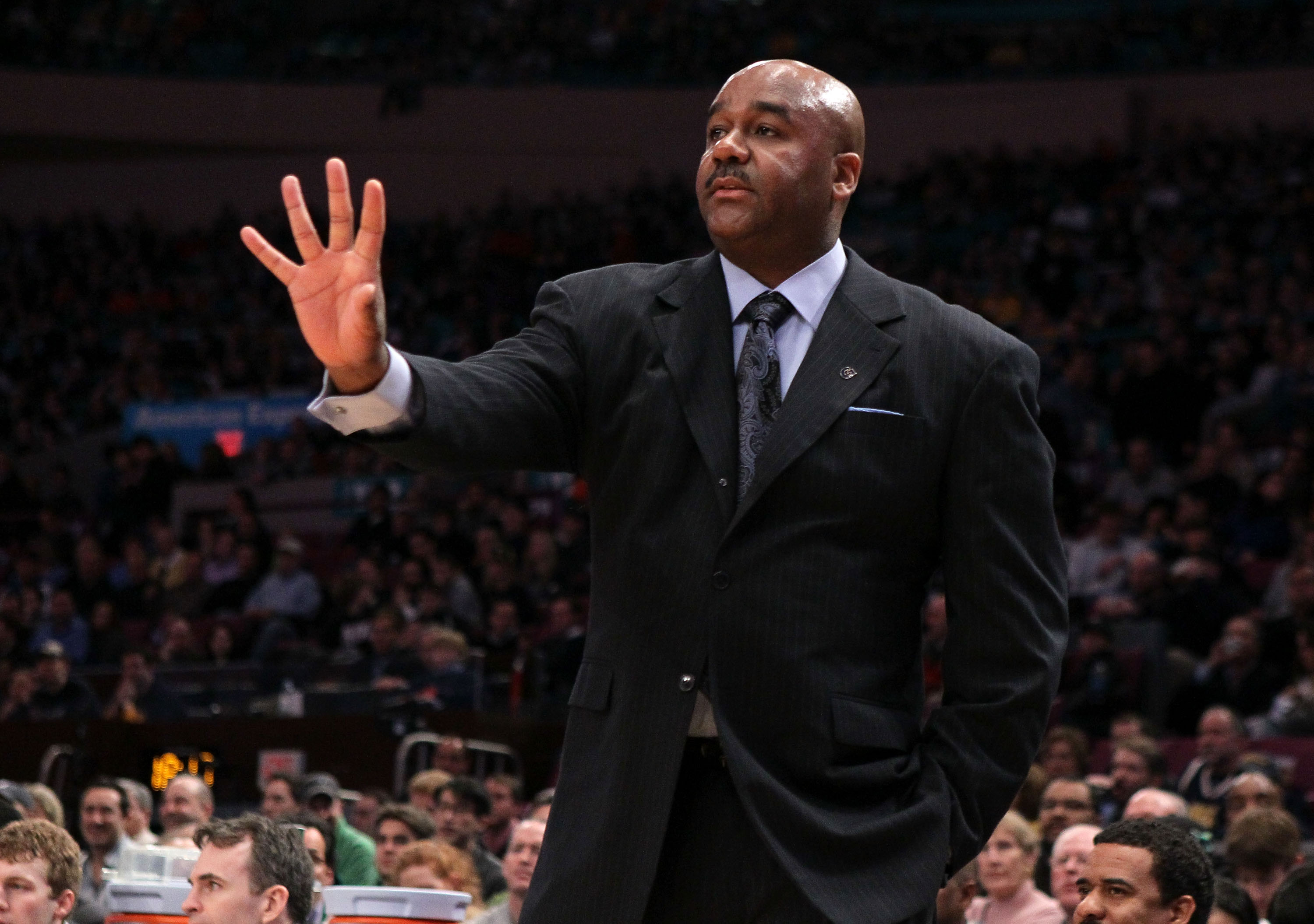 NEW YORK - MARCH 13: Head coach John Thompson III of the Georgetown Hoyas gestures from the bench against the West Virginia Mountaineers during the championship of the 2010 NCAA Big East Tournament at Madison Square Garden on March 13, 2010 in New York Ci
