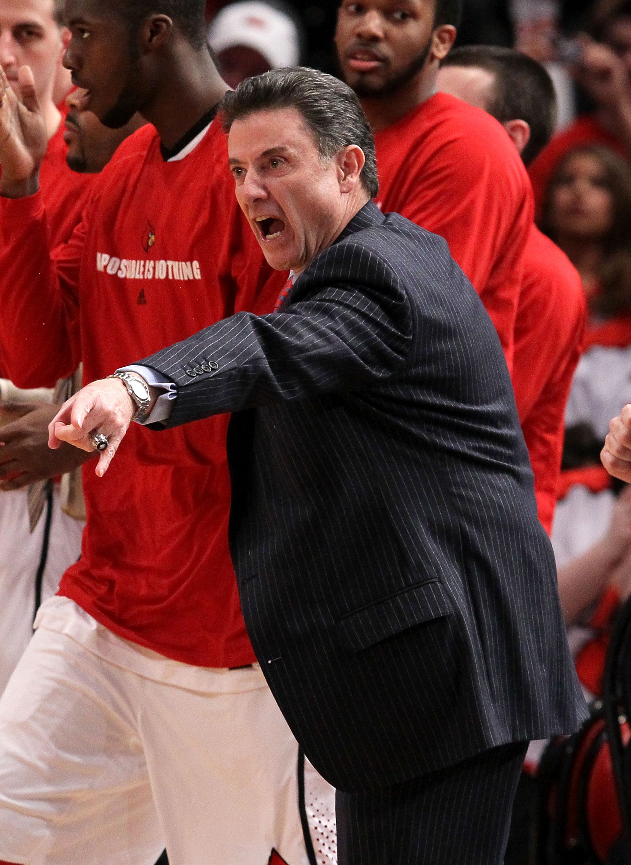 NEW YORK - MARCH 10: Head coach Rick Pitino of the Louisville Cardinals reacts from the bench against the Cincinnati Bearcats during the second round of 2010 NCAA Big East Tournament at Madison Square Garden on March 10, 2010 in New York City. (Photo by