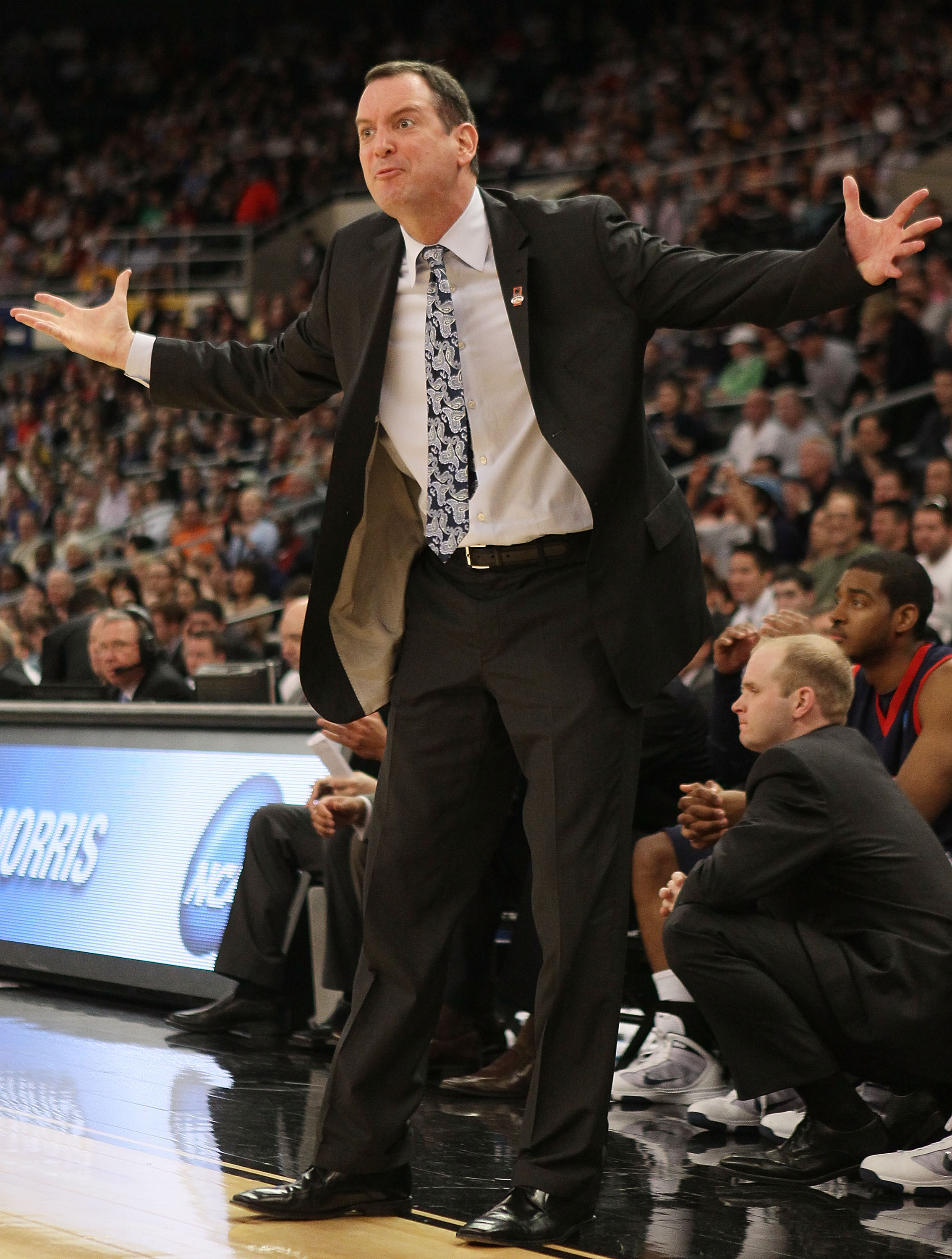 PROVIDENCE, RI - MARCH 18: Head coach Mike Rice of the Robert Morris Colonials reacts after a play in the second half against the Villanova Wildcats during the first round of the 2010 NCAA men's basketball tournament on March 18, 2010 at the Dunkin Donut