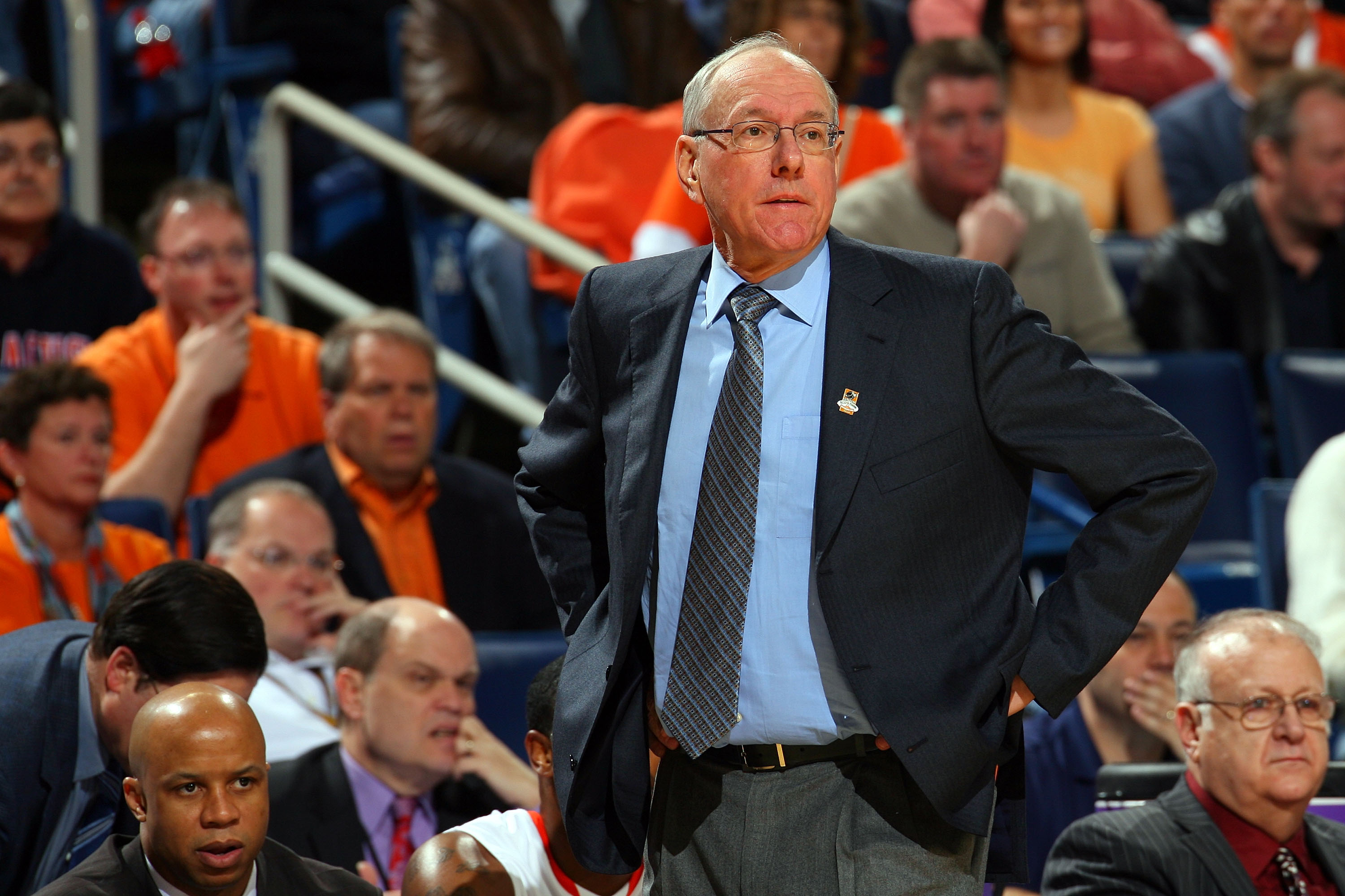 BUFFALO, NY - MARCH 21: Head coach Jim Boeheim of the Syracuse Orange gestures from the bench against the Gonzaga Bulldogs during the second round of the 2010 NCAA men's basketball tournament at HSBC Arena at HSBC Arena on March 21, 2010 in Buffalo, New