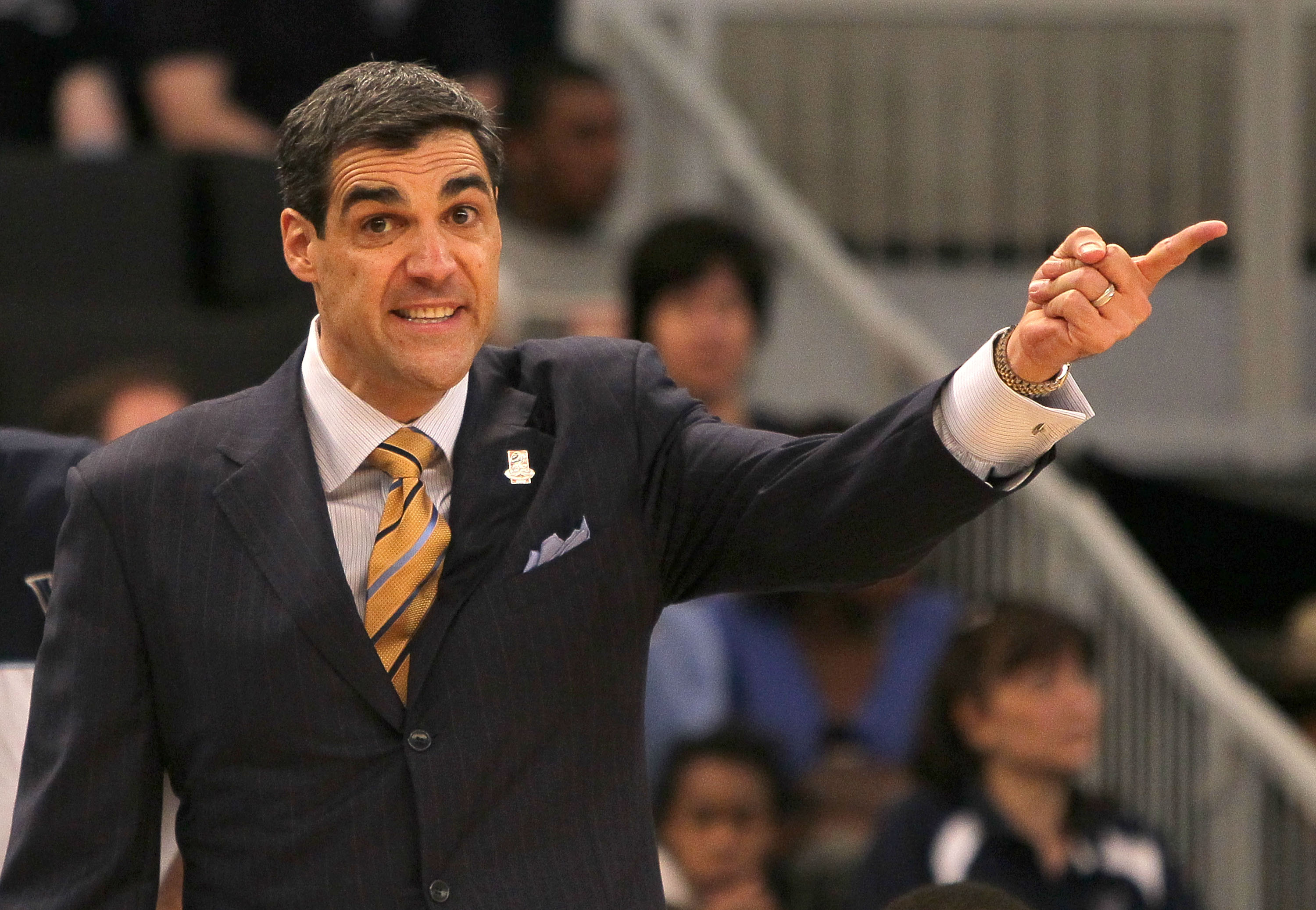 PROVIDENCE, RI - MARCH 18: Coach Jay Wright reacts against the Villanova Wildcats against the Robert Morris Colonials during the first round of the NCAA men's basketball tournament at Dunkin' Donuts Center on March 18, 2010 in Providence, Rhode Island. (