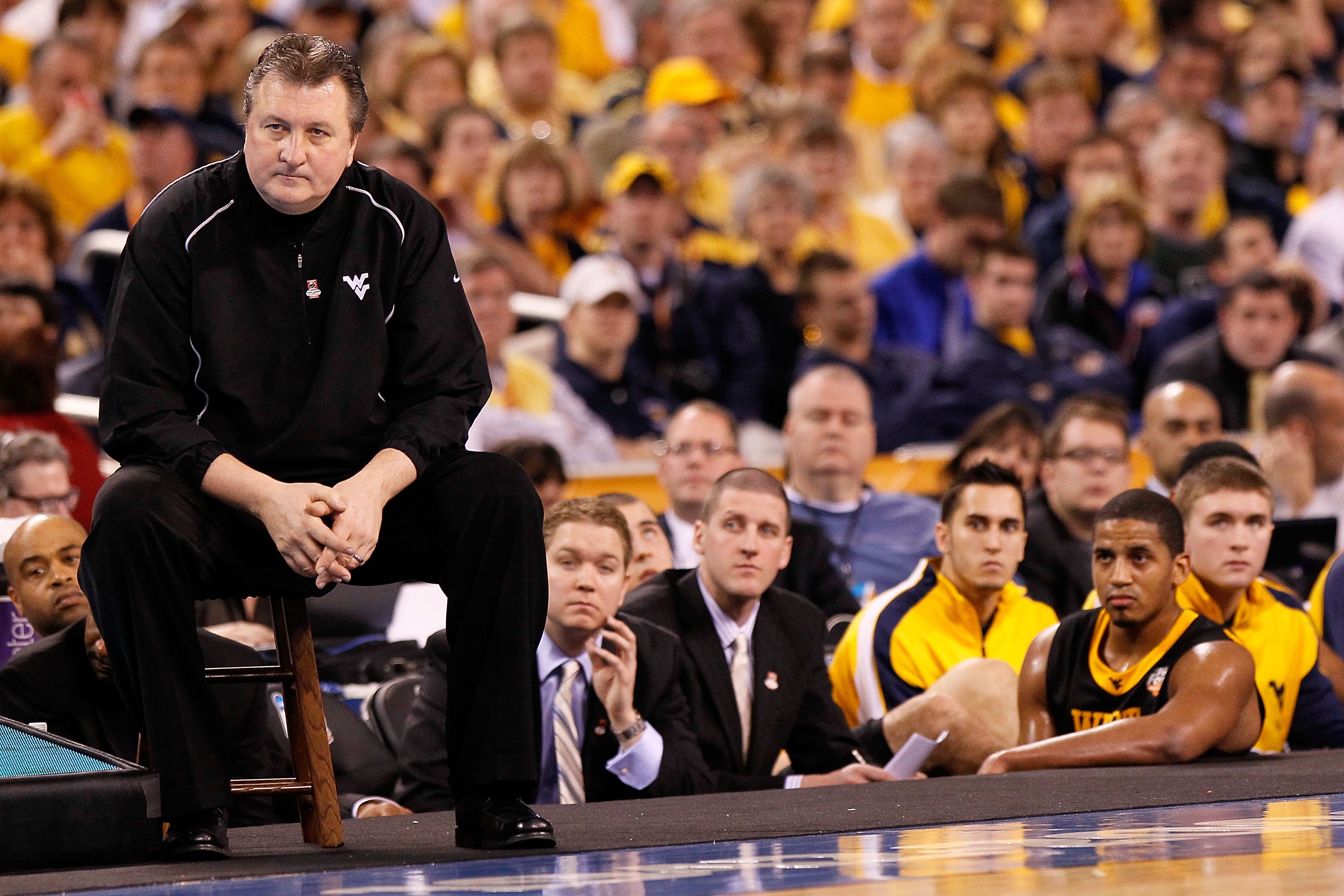 INDIANAPOLIS - APRIL 03: Head coach Bob Huggins of the West Virginia Mountaineers looks on while taking on the Duke Blue Devils during the National Semifinal game of the 2010 NCAA Division I Men's Basketball Championship at Lucas Oil Stadium on April 3,