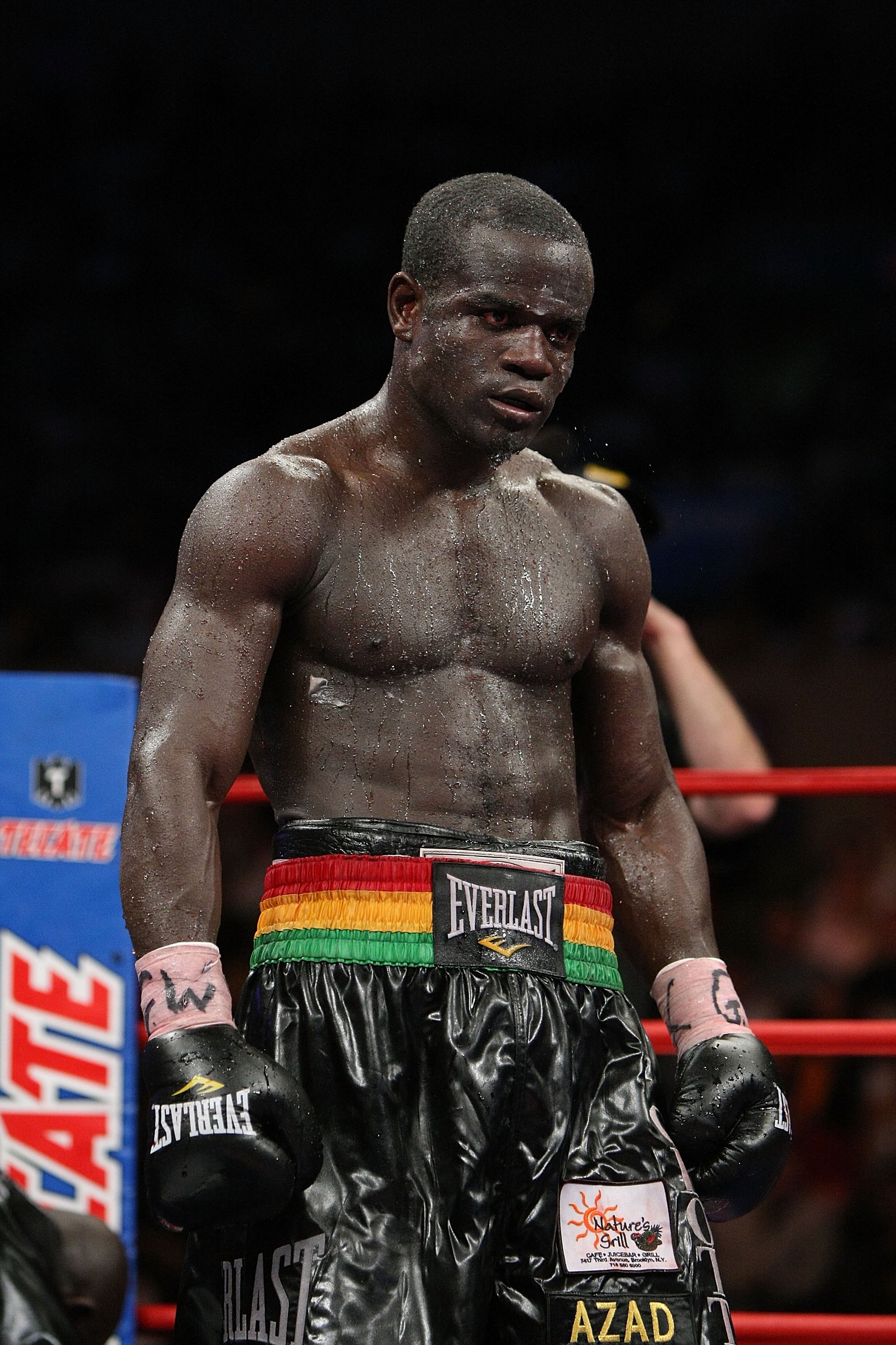 NEW YORK - JUNE 13: Joshua Clottey stands in the corner against Miguel Cotto during their WBO Welterweight title fight at Madison Square Garden on June 13, 2009 in New York, New York. (Photo by Al Bello/Getty Images)