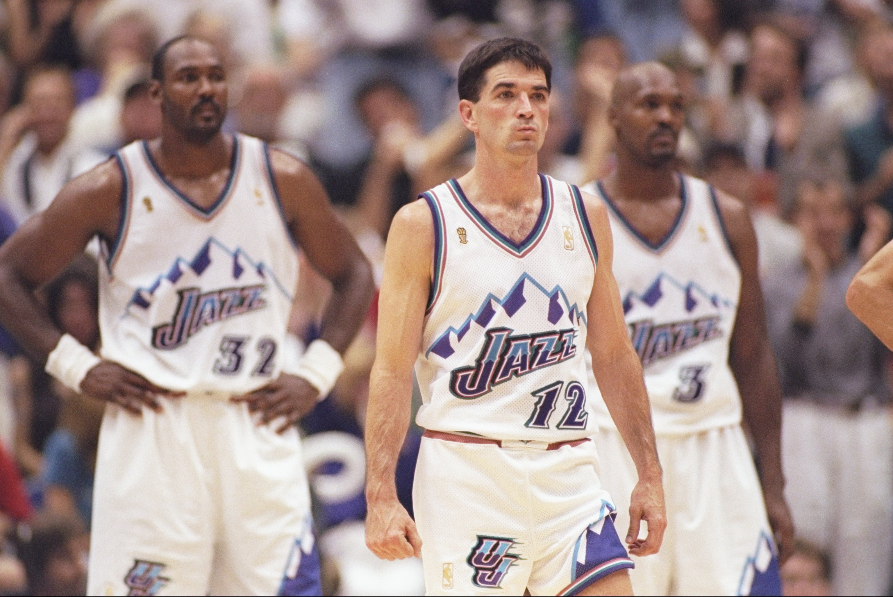 8 Jun 1997:  John Stockton #12, Karl Malone #32 and Bryon Russell #3 of the Utah Jazz during the Jazz 78-73 win over the Chicago Bulls in Game 4 of the NBA Finals at the Delta Center in Salt Lake City, Utah. Mandatory Credit: Brian Bahr  /Allsport