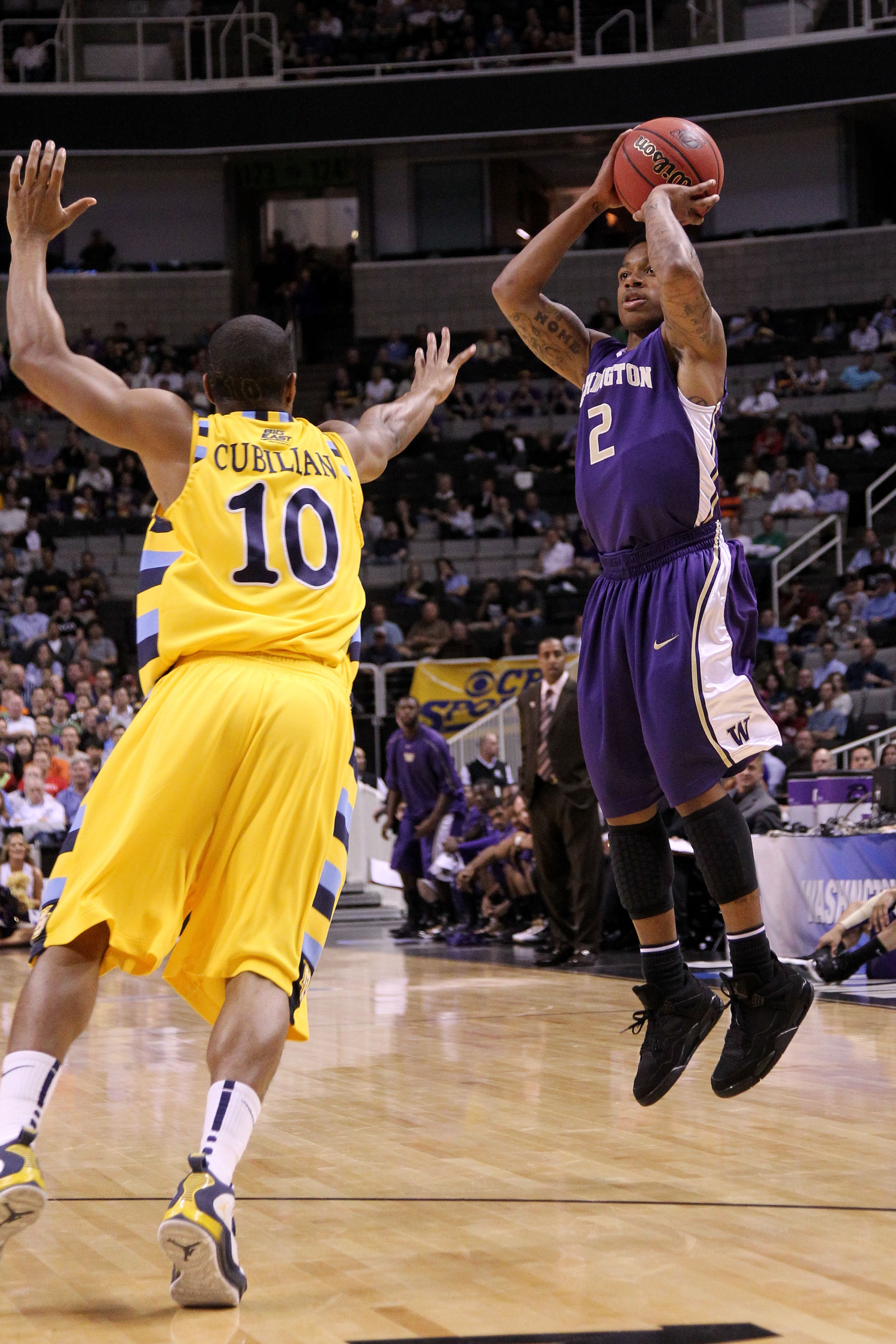 SAN JOSE, CA - MARCH 18: Guard Isaiah Thomas #2 of the Washington Huskies takes a shot against the Marquette Golden Eagles during the first round of the 2010 NCAA men's basketball tournament at HP Pavilion on March 18, 2010 in San Jose, California. (Pho