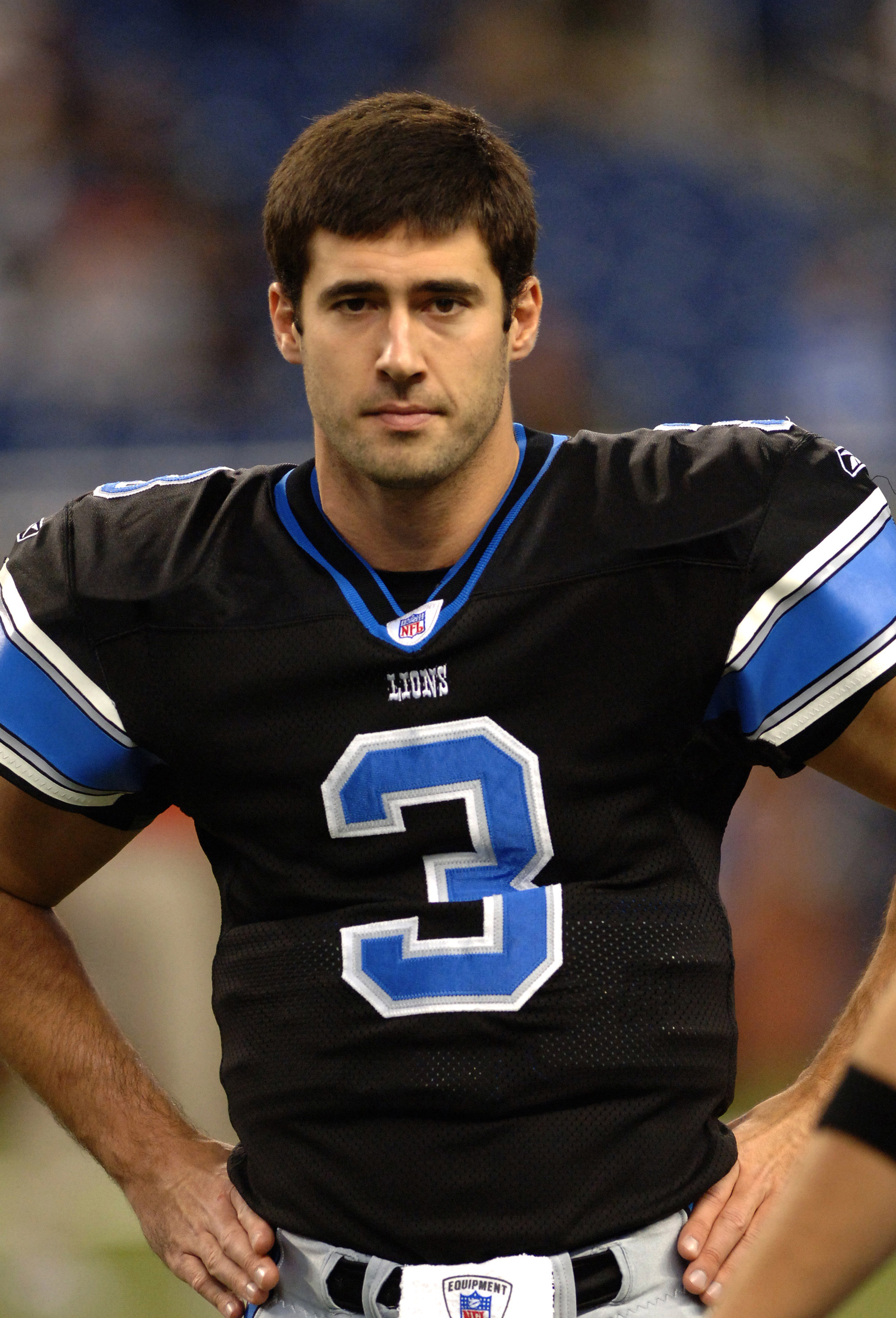 Detroit Lions quarterback Joey Harrington watches play in a Thanksgiving Day game, November 24, 2005, at Ford Field, Detroit.  The Atlanta Falcons defeated the Lions 27 - 7.  (Photo by Al Messerschmidt/Getty Images)